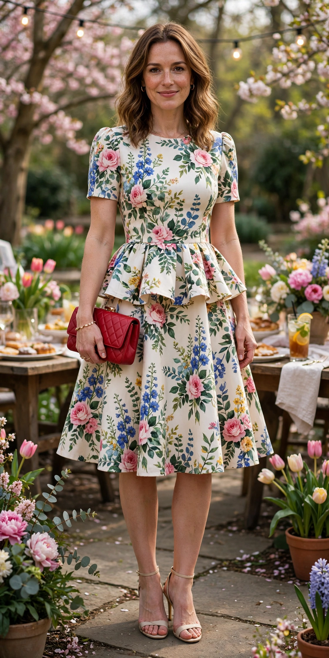 38 Peplum Dress Outfits for Spring Parties That Are Chic, Fresh and Elegant 36 Floral Peplum Fit-and-Flare Dress with a red clutch