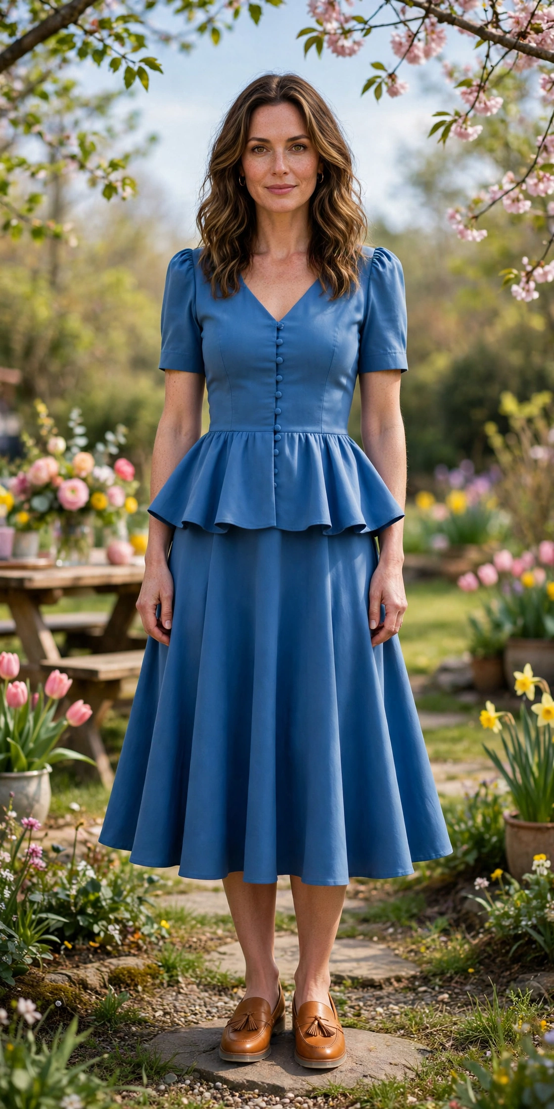 38 Peplum Dress Outfits for Spring Parties That Are Chic, Fresh and Elegant 38 Blue Peplum Fit-and-Flare Dress with tan leather loafers