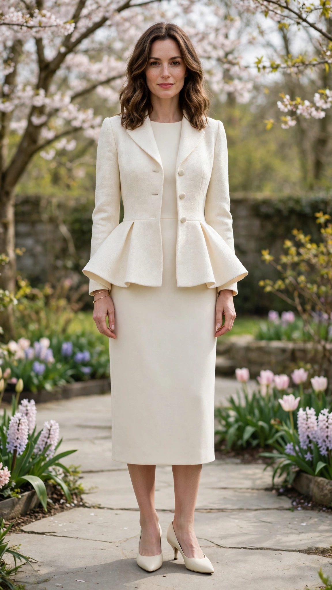 Cream Peplum Jacket and Dress with a delicate gold bracelet