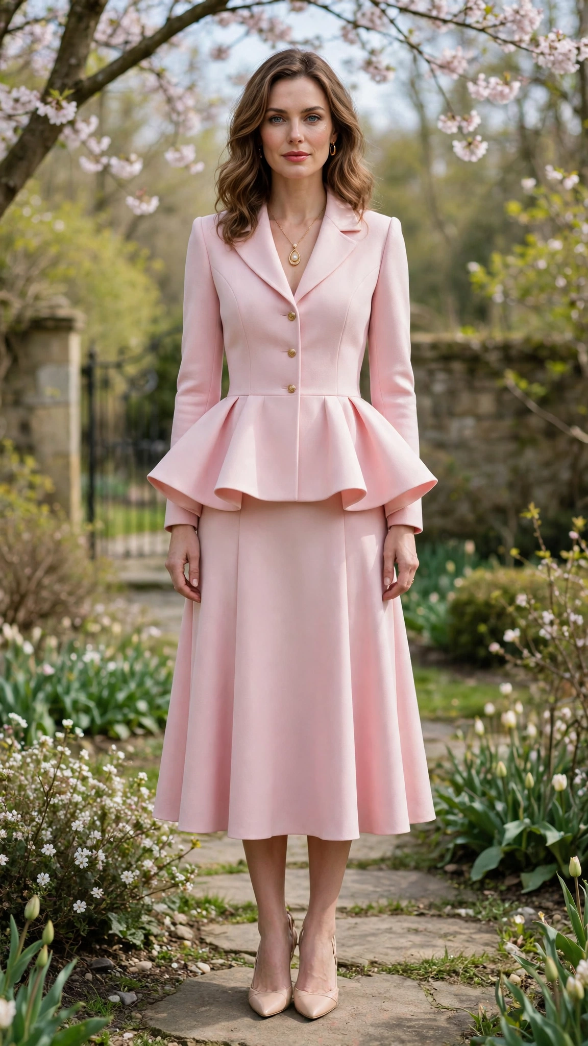 Pastel Peplum Jacket and Skirt with a gold pendant necklace