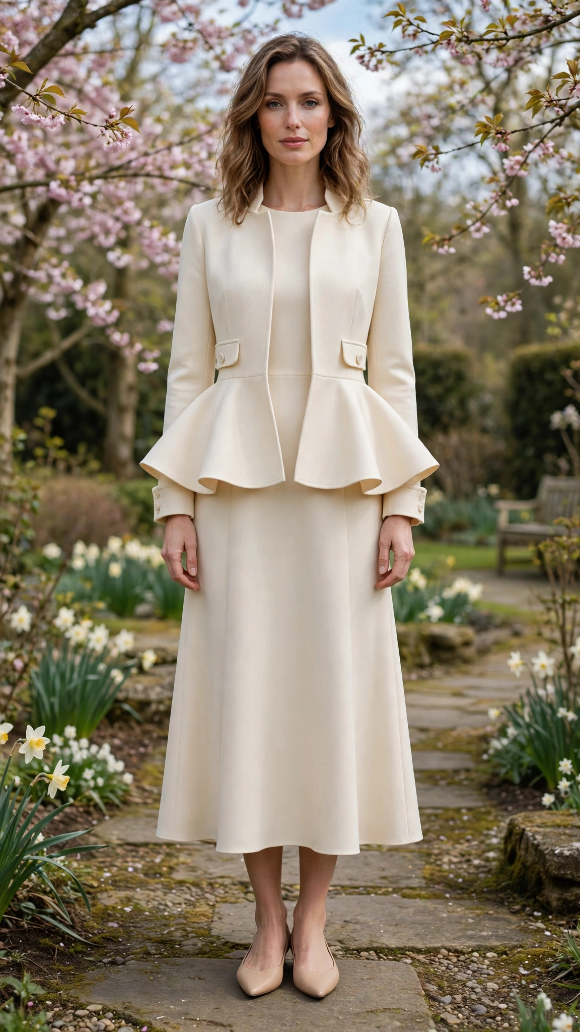 Cream Peplum Jacket and Midi Dress with nude pointed flats