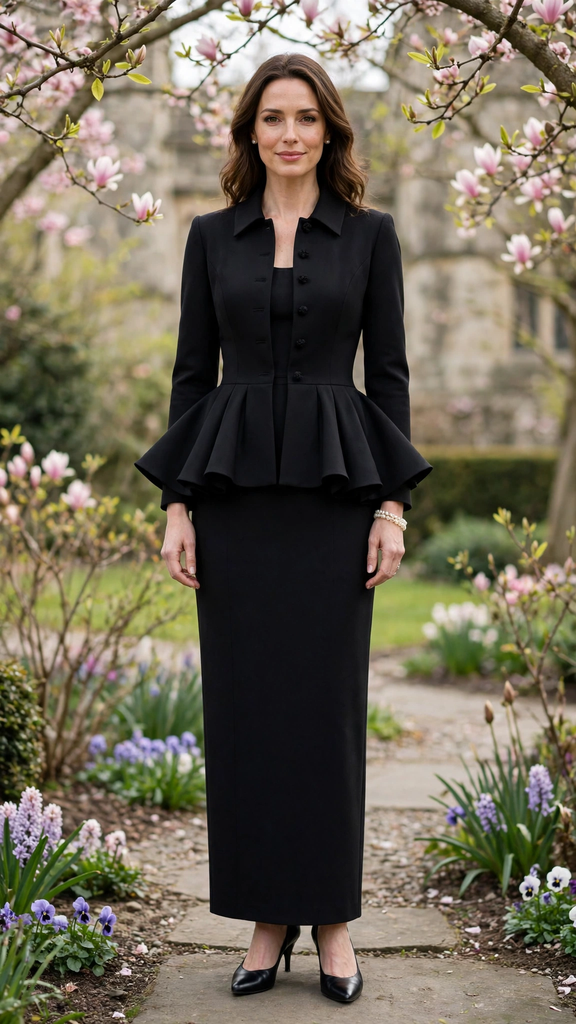 Black Peplum Jacket and Dress with a pearl bracelet