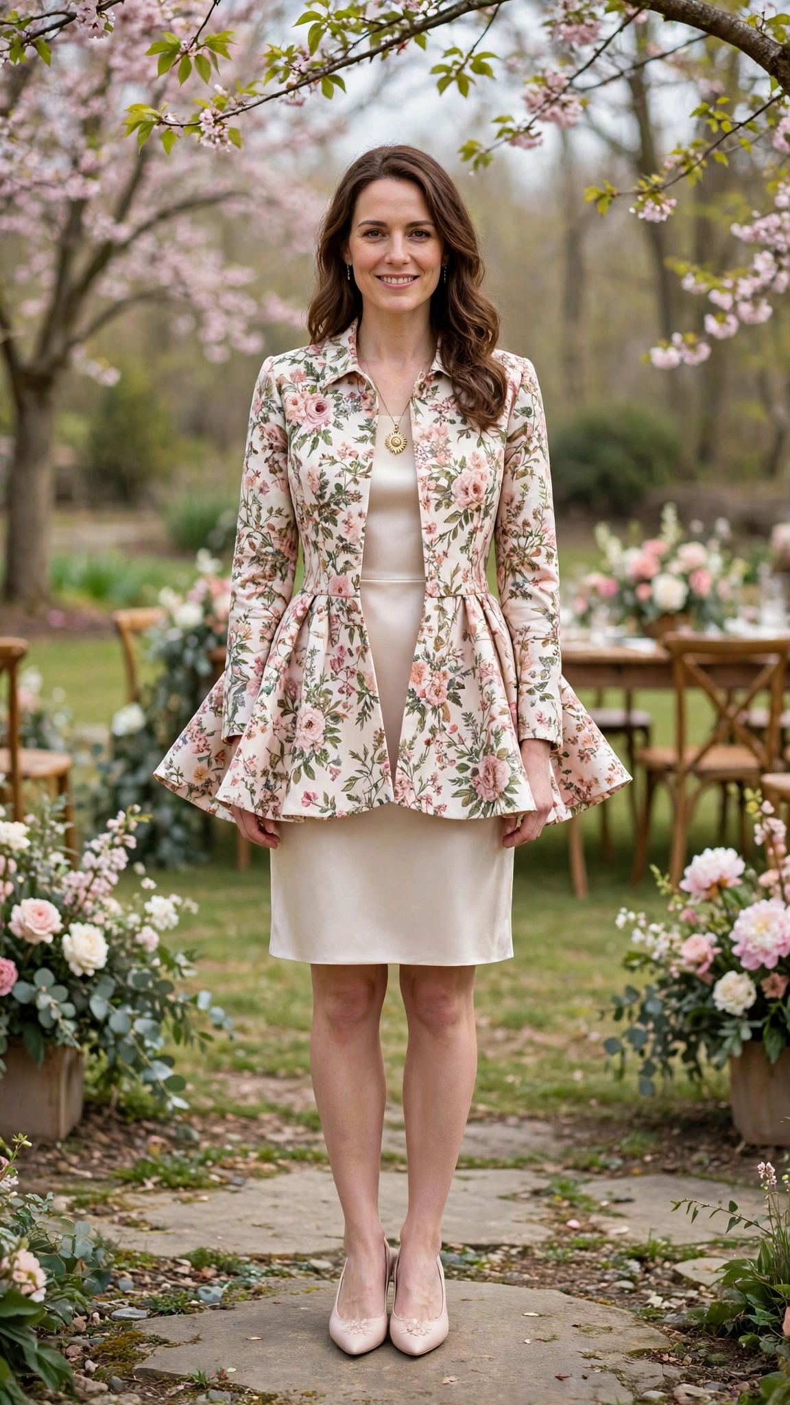 Floral Peplum Jacket and Dress with a gold pendant necklace
