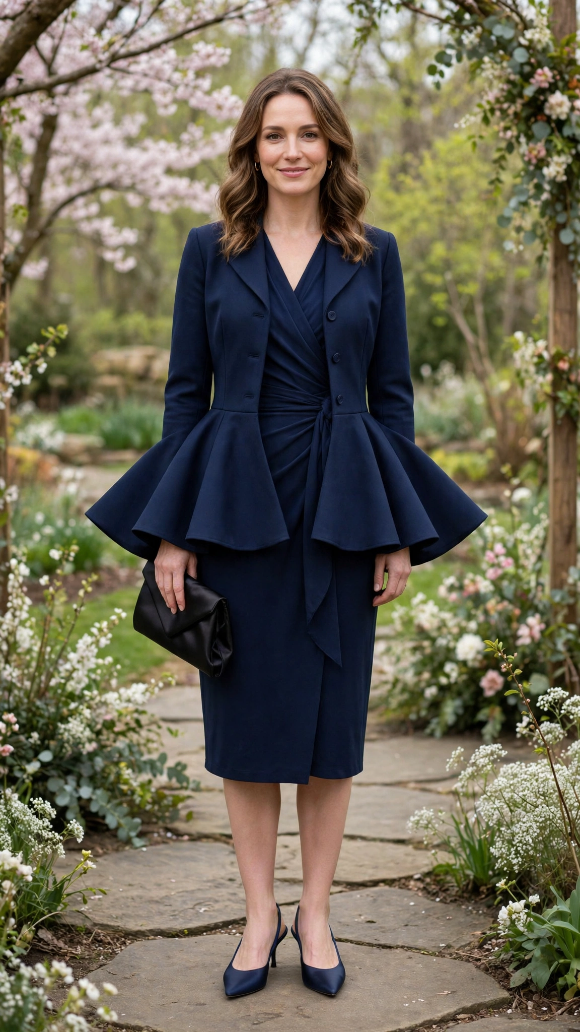 Navy Peplum Jacket and Wrap Dress with a black satin clutch