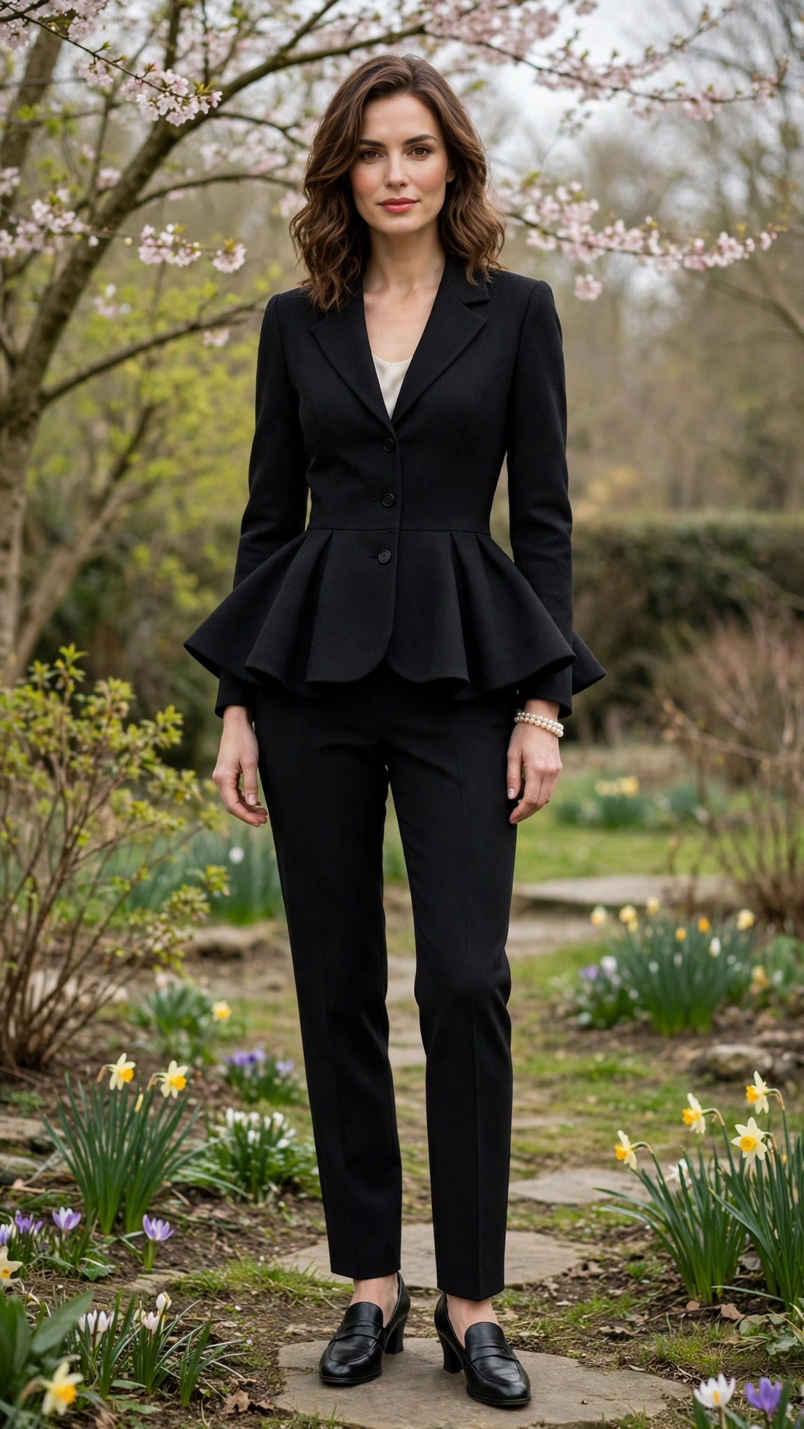 Black Peplum Jacket and Trousers with a pearl bracelet