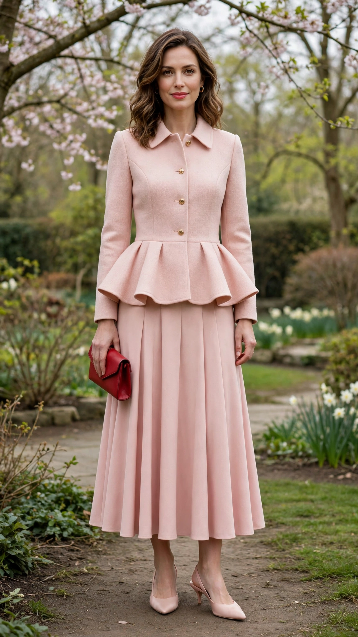 Blush Peplum Jacket and Skirt with a red clutch