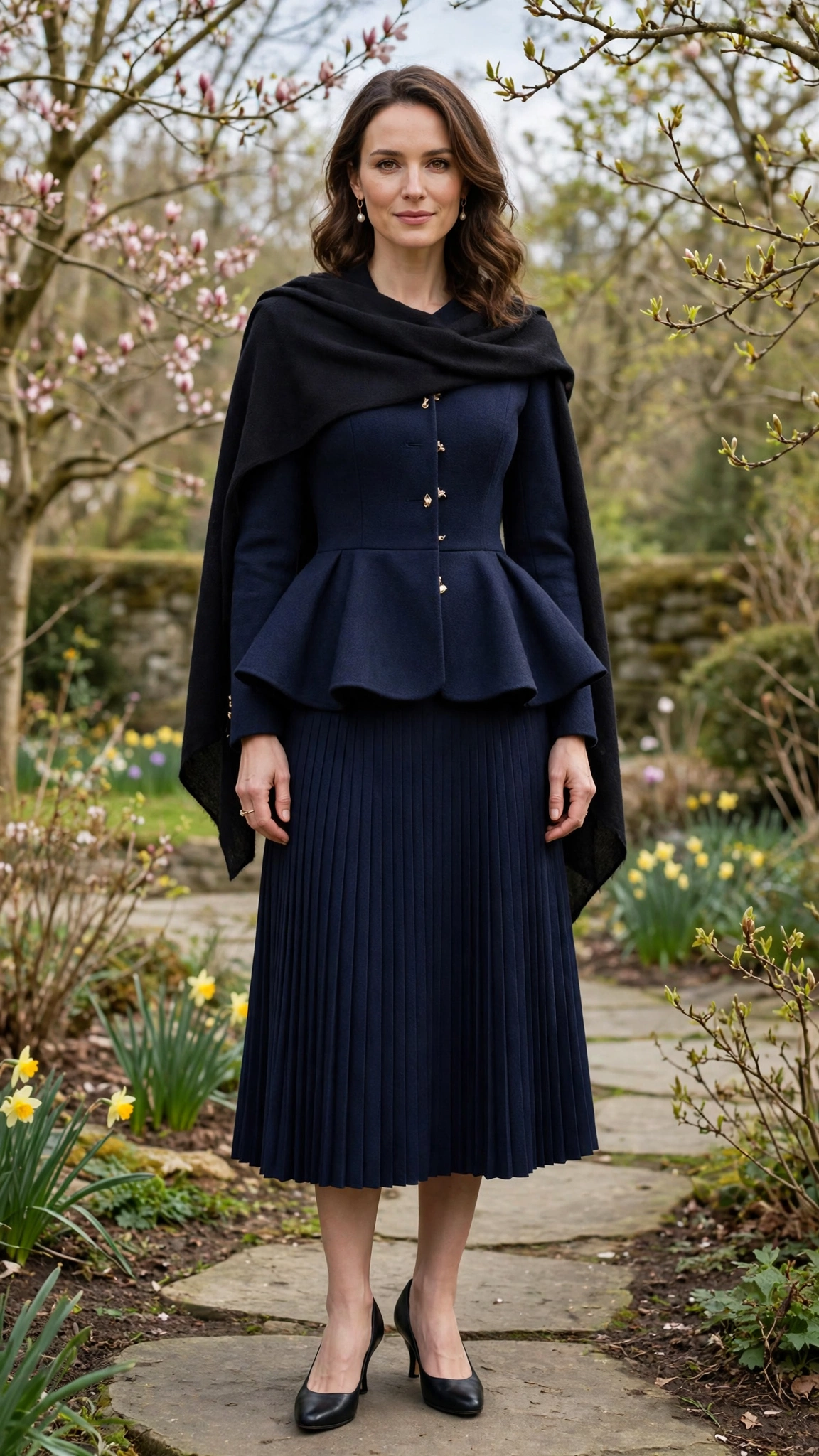 Navy Peplum Jacket and Skirt with a soft black shawl