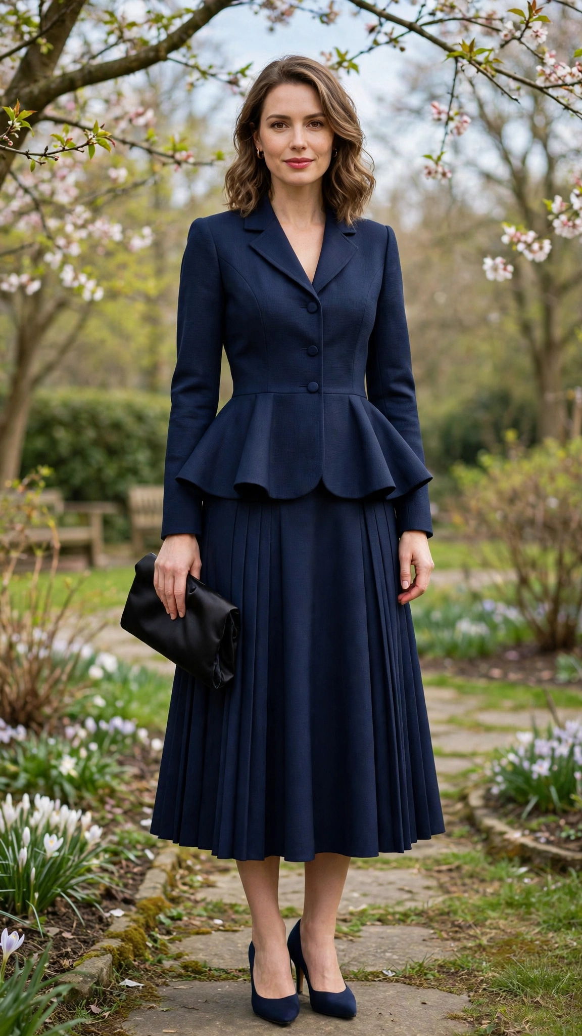 Navy Peplum Jacket and Skirt with a black satin clutch