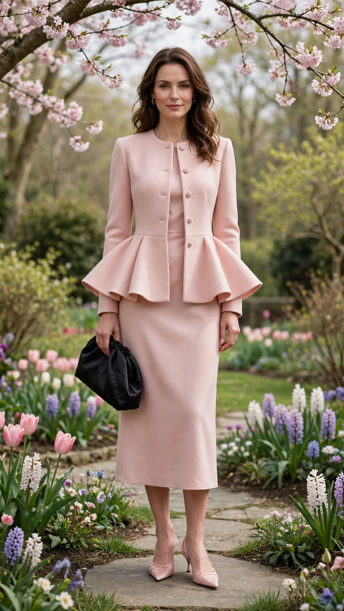 Blush Peplum Jacket and Dress with a black satin clutch