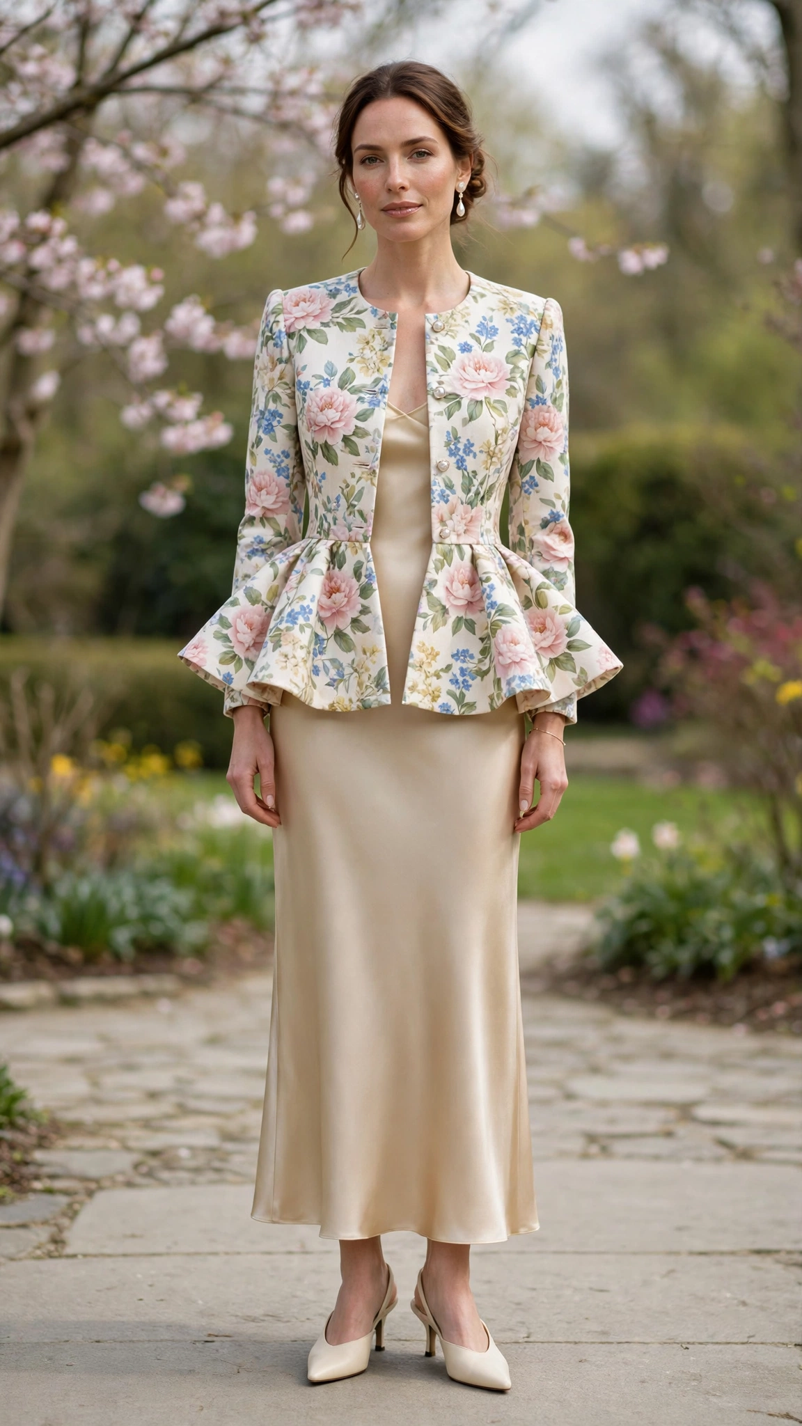 Floral Peplum Jacket and Slip Dress with pearl drop earrings