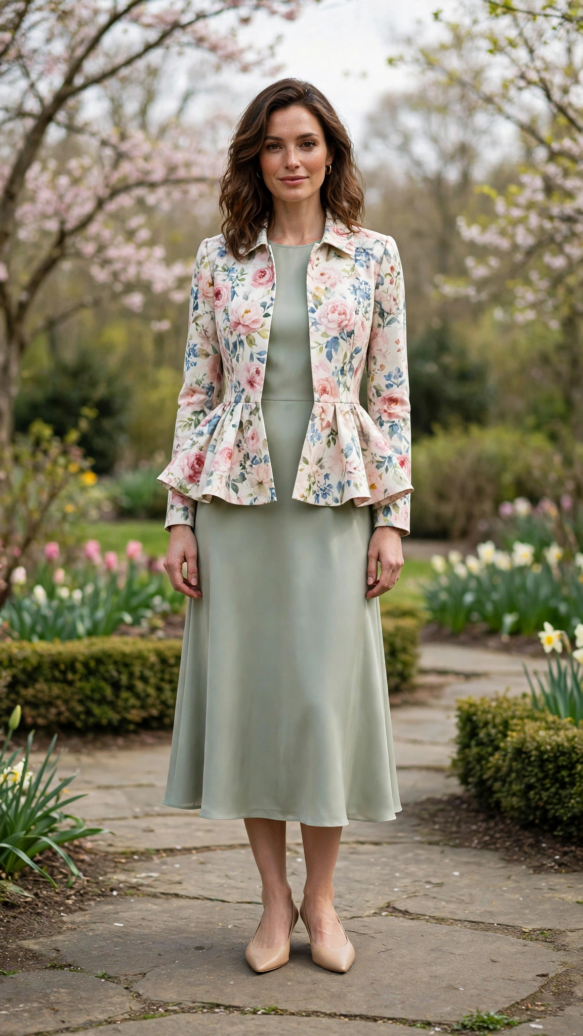 Floral Peplum Jacket and Midi Dress with nude pointed flats