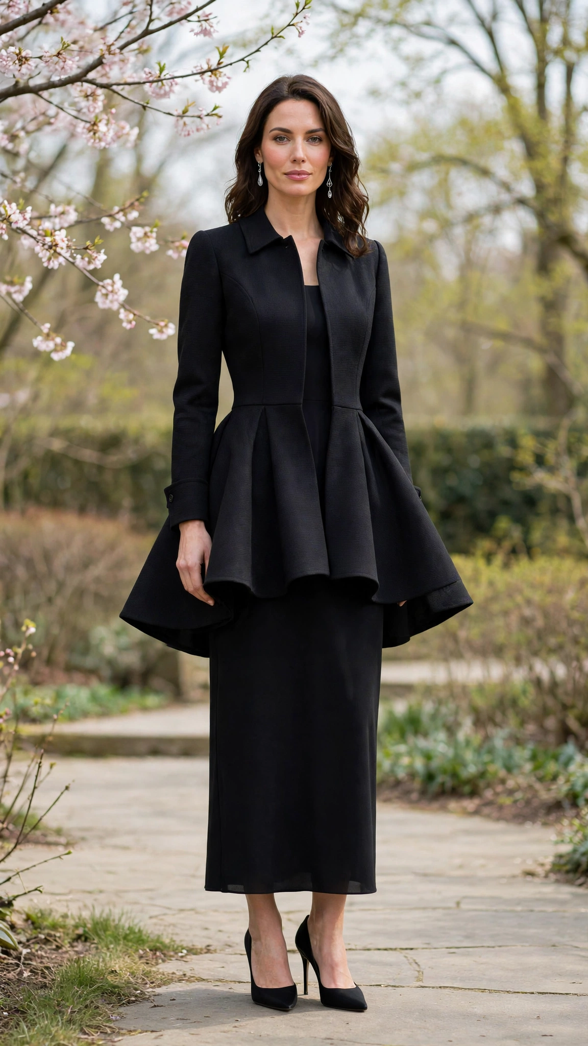 Black Peplum Jacket and Dress with silver drop earrings