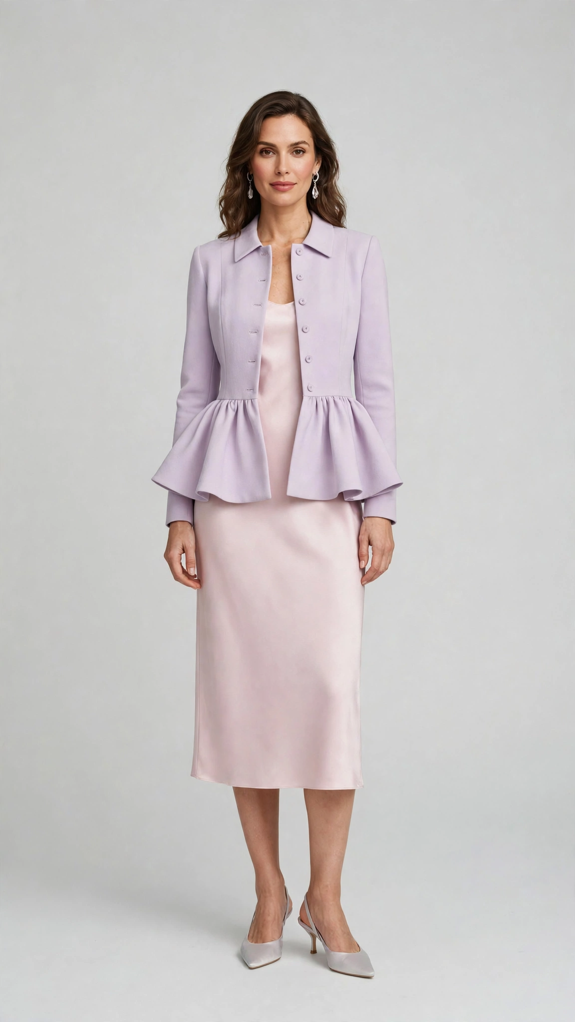 Pastel Peplum Jacket and Slip Dress with silver drop earrings