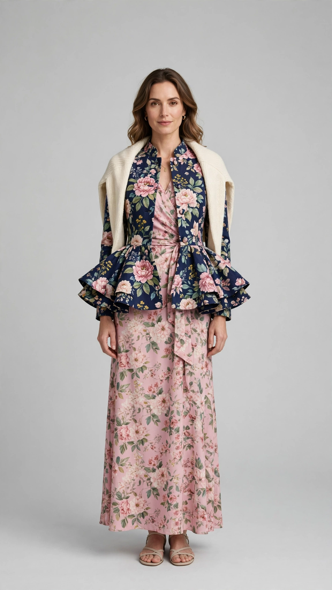 Floral Peplum Jacket and Wrap Dress with a cream wrap