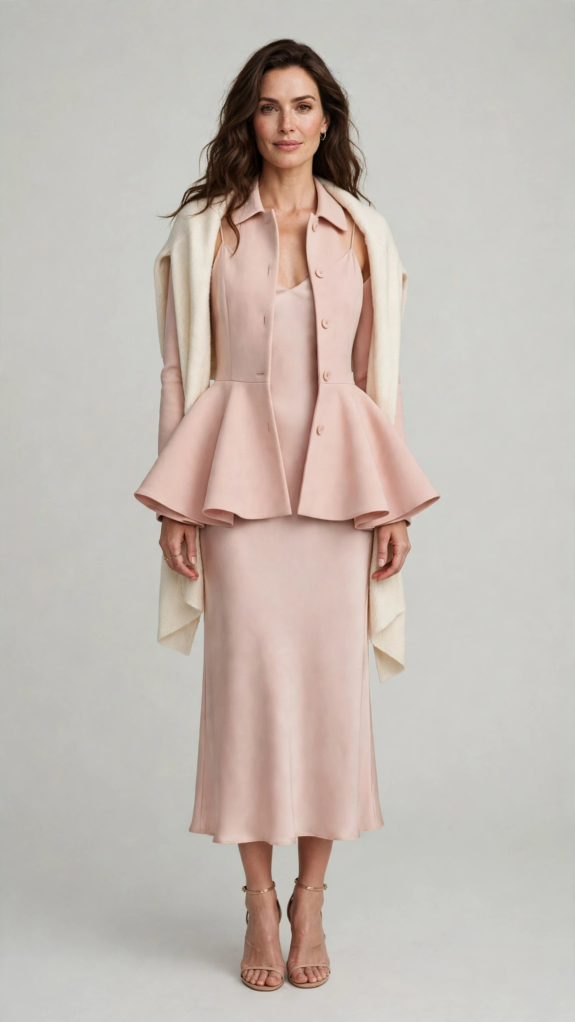 Blush Peplum Jacket and Slip Dress with a cream wrap