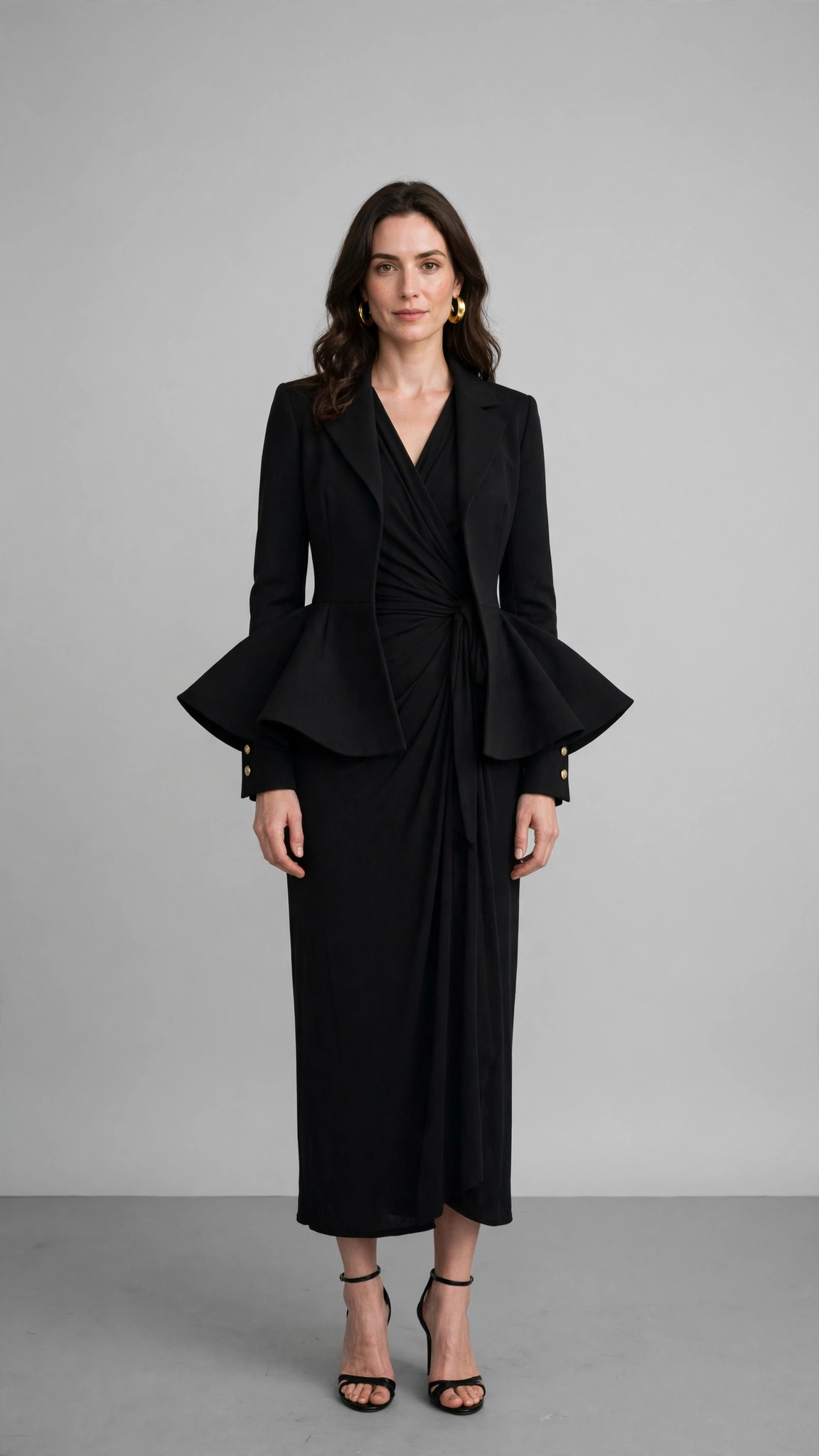 Black Peplum Jacket and Wrap Dress with gold hoop earrings