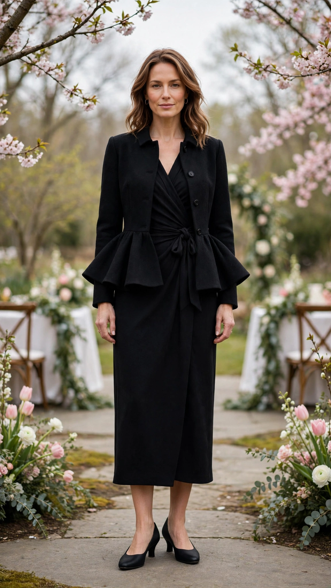 Black Peplum Jacket and Wrap Dress with comfortable low heels