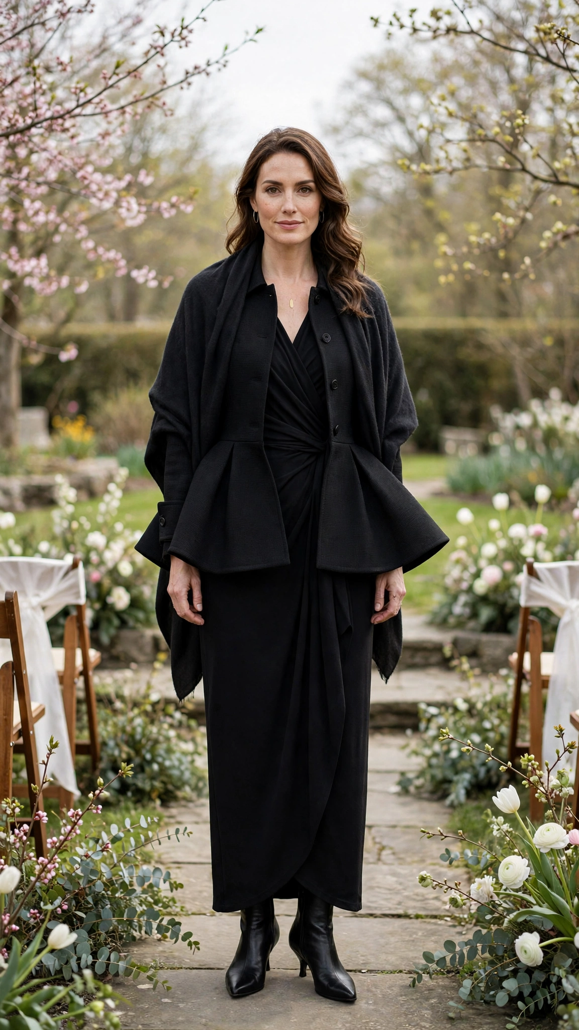 Black Peplum Jacket and Wrap Dress with a soft black shawl