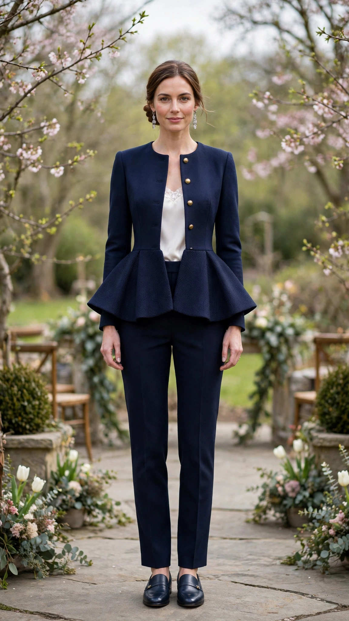 Navy Peplum Jacket and Trousers with silver drop earrings