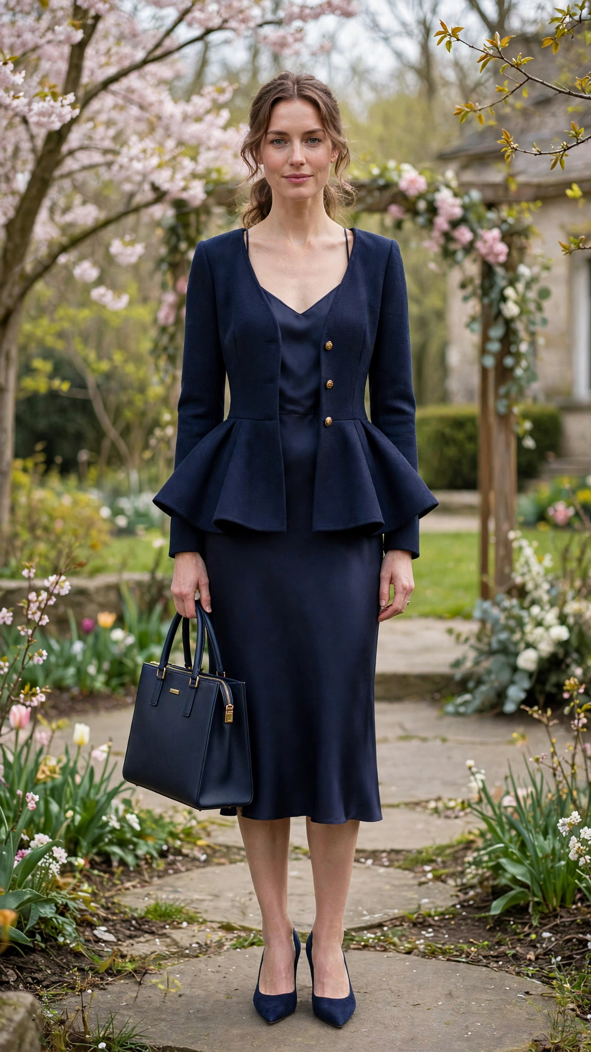 Navy Peplum Jacket and Slip Dress with a structured tote