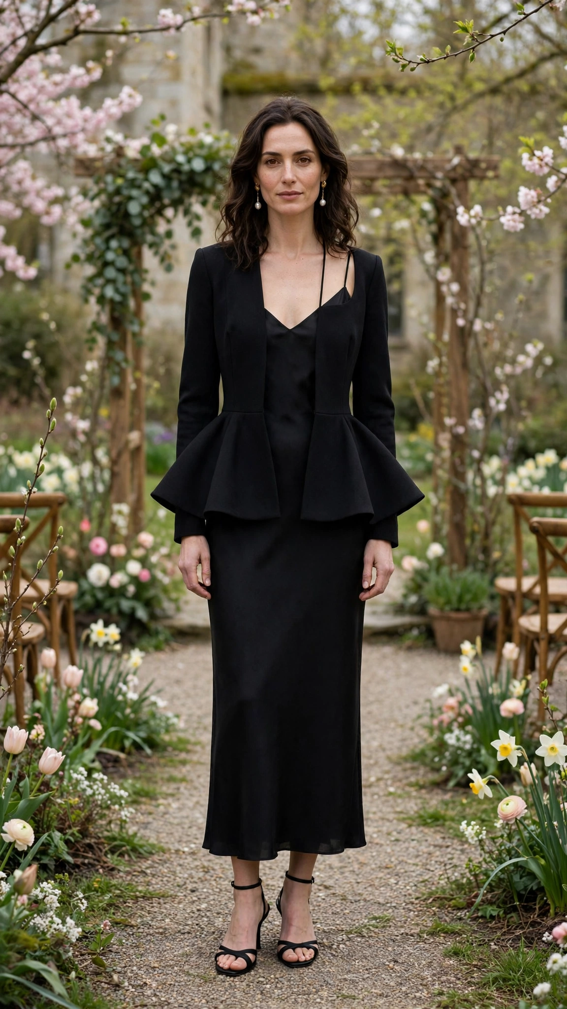 Black Peplum Jacket and Slip Dress with pearl drop earrings