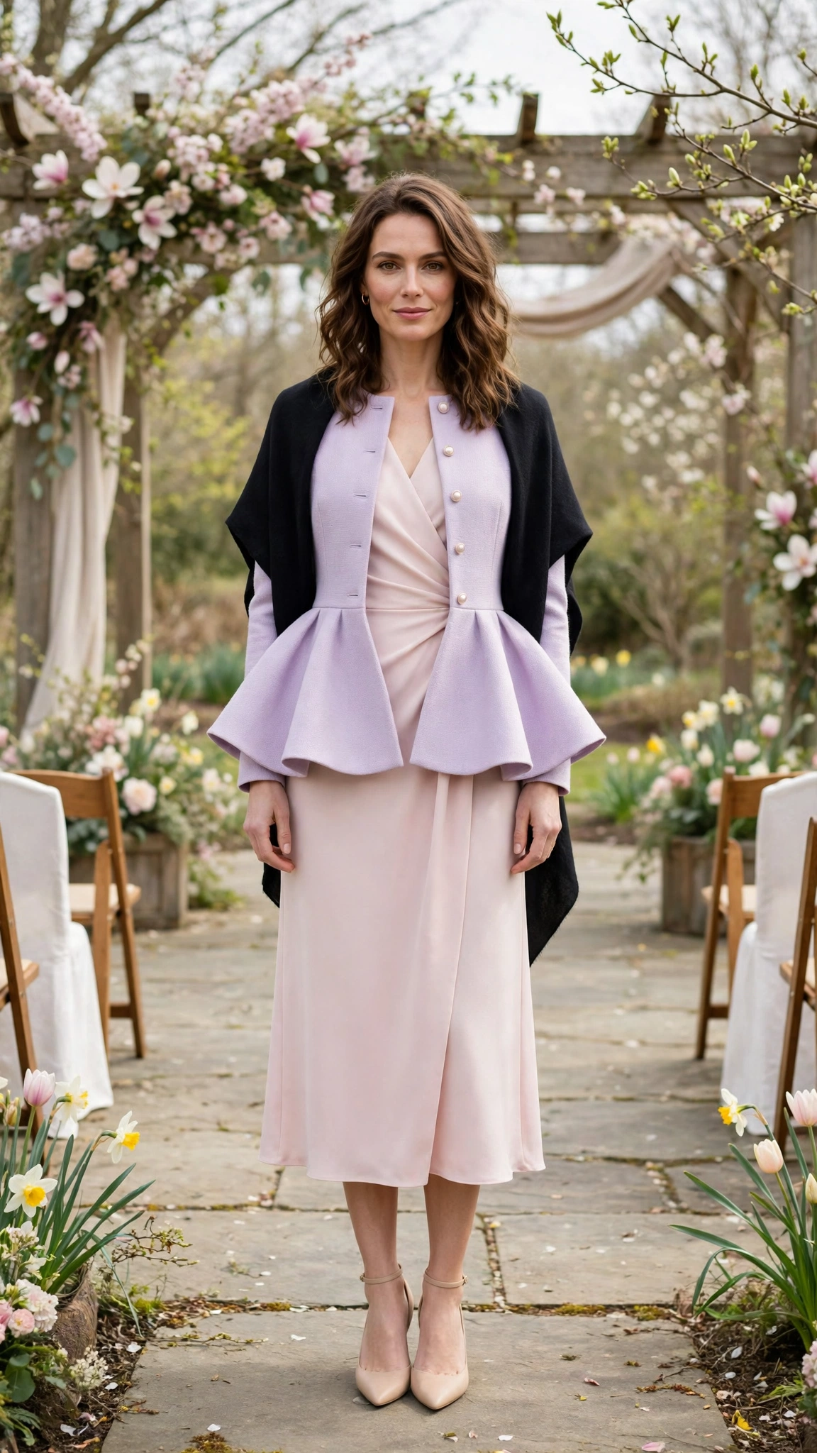 Pastel Peplum Jacket and Wrap Dress with a soft black shawl