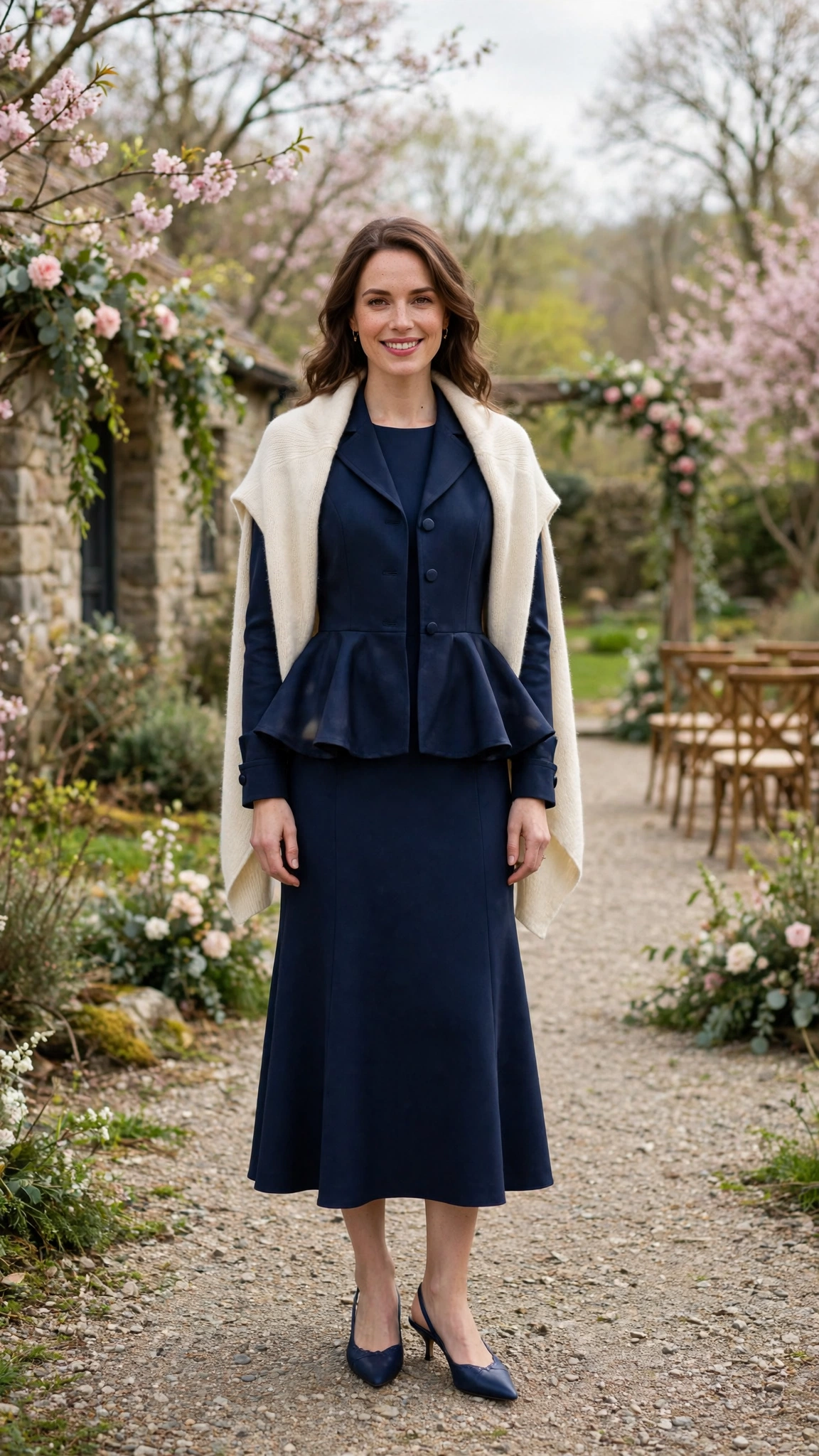 Navy Peplum Jacket and Midi Dress with a cream wrap
