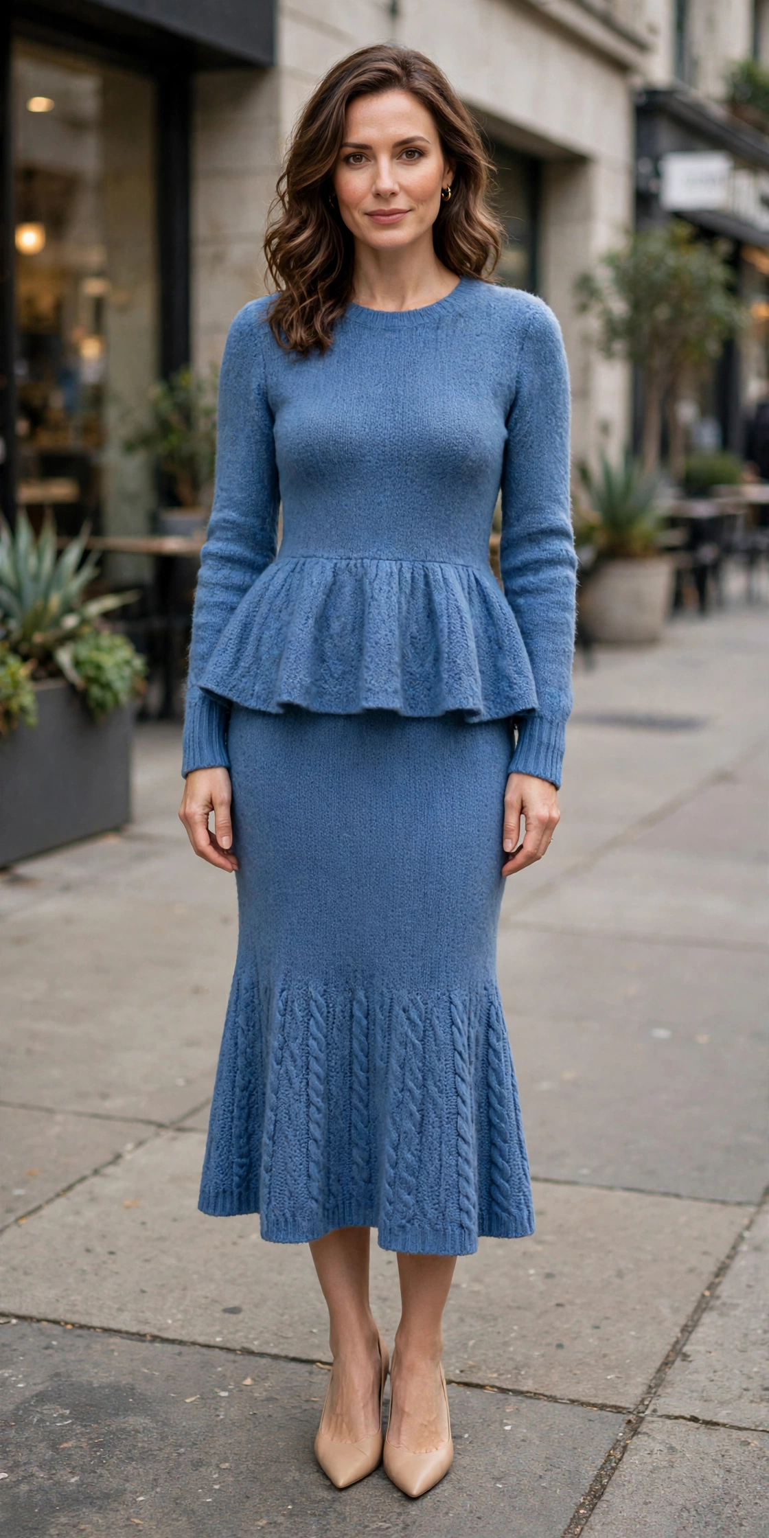 Blue Peplum Knit Dress with nude pointed flats