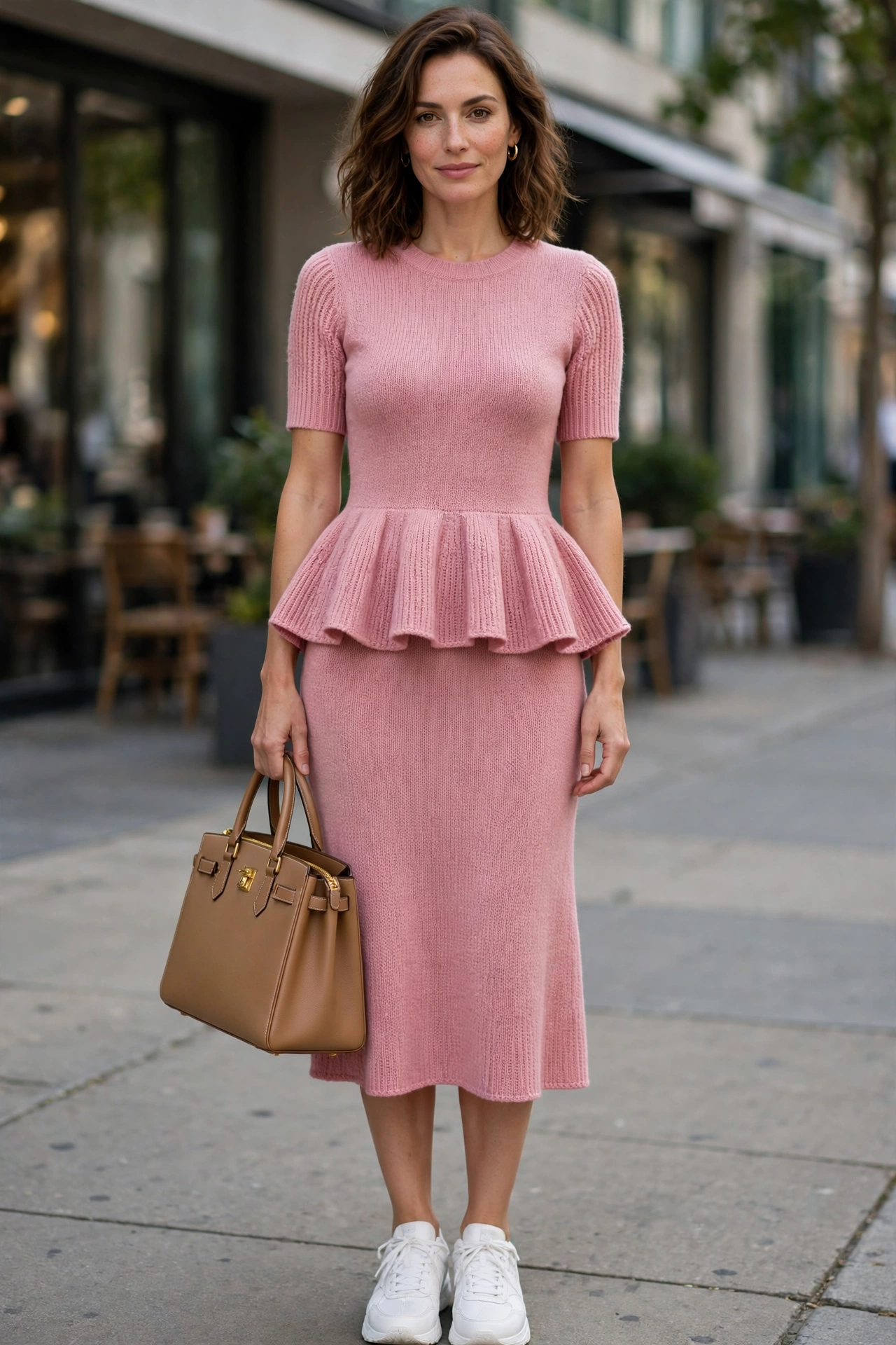 Pink Peplum Knit Dress with a structured tote