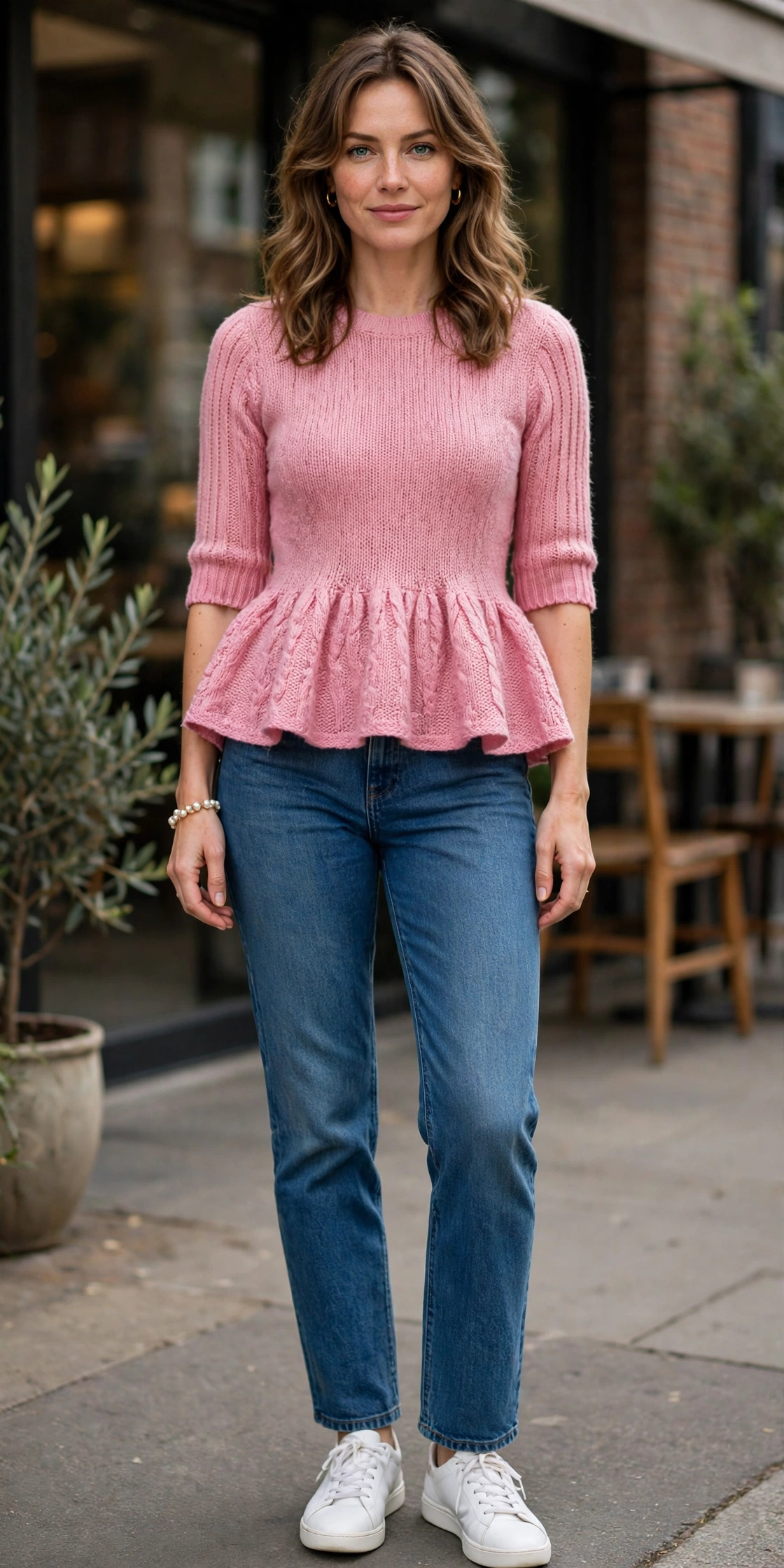 Pink Peplum Knit Top and Jeans with a pearl bracelet