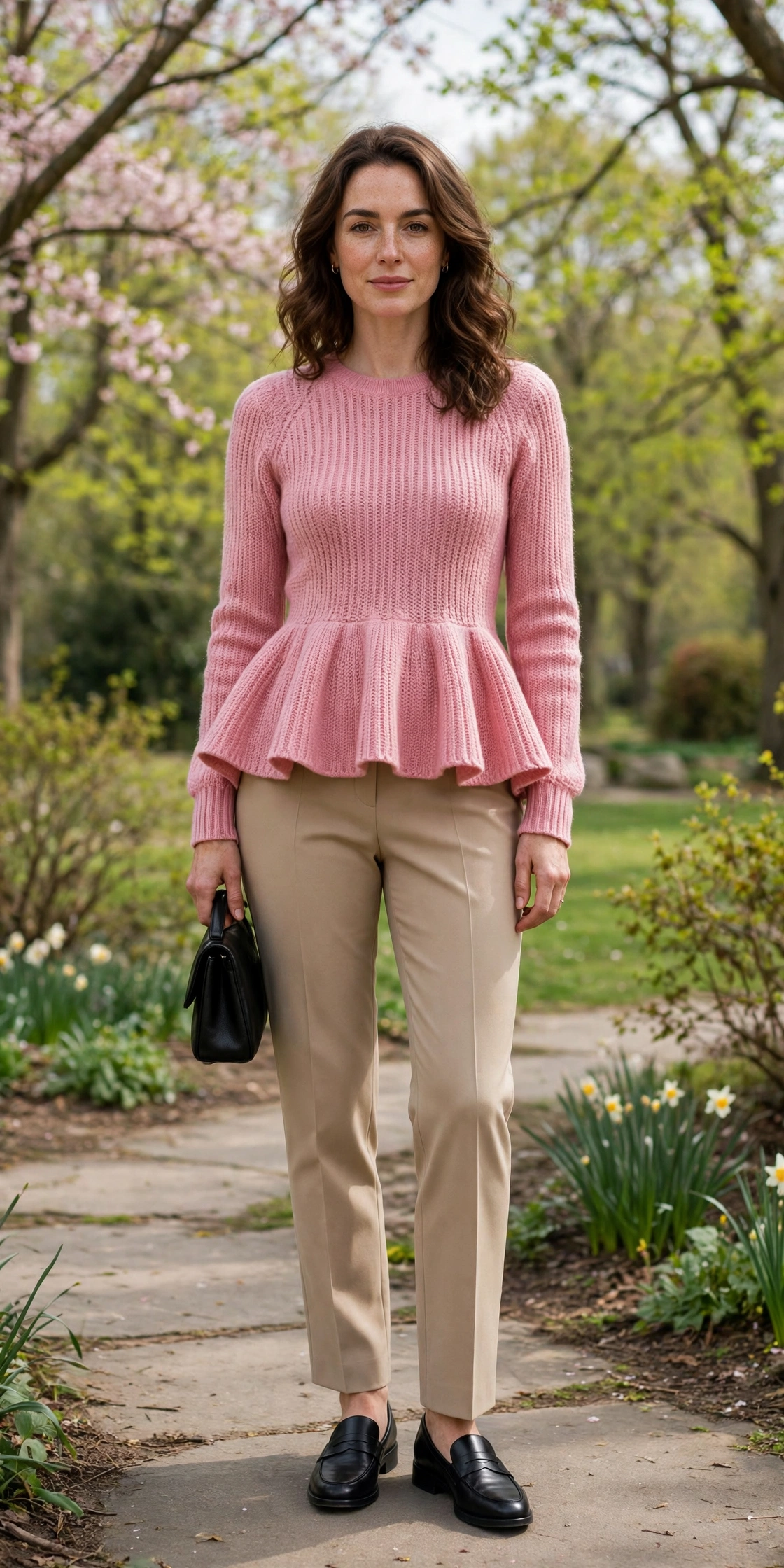 Pink Peplum Knit Sweater and Trousers with a small black clutch