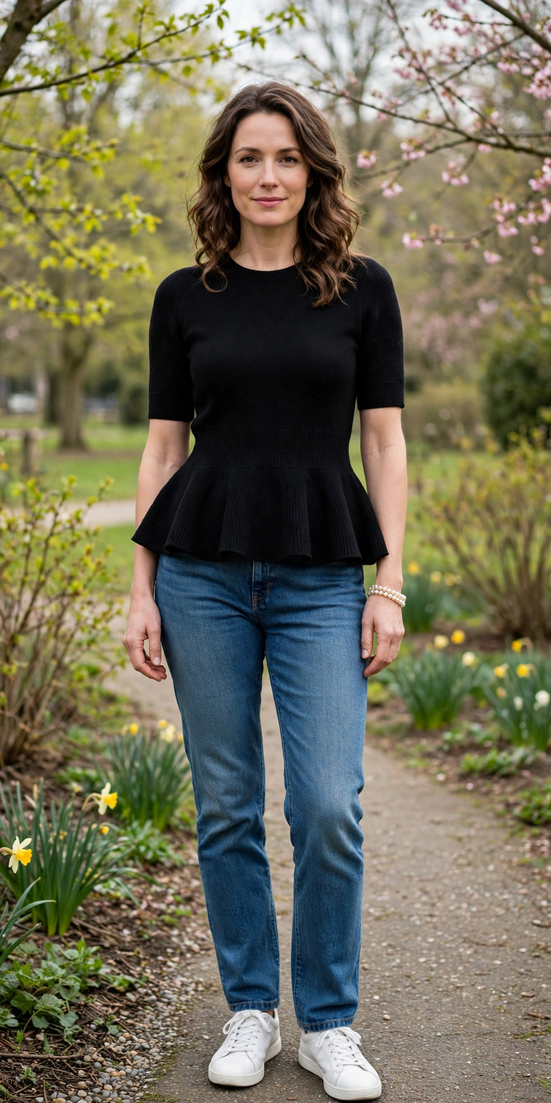 Black Peplum Knit Top and Jeans with a pearl bracelet