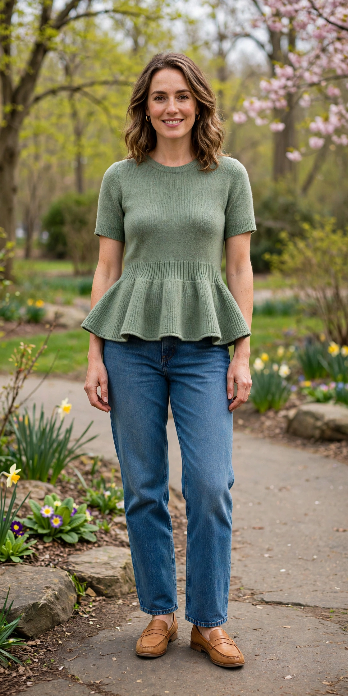Sage Peplum Knit Top and Jeans with tan leather loafers