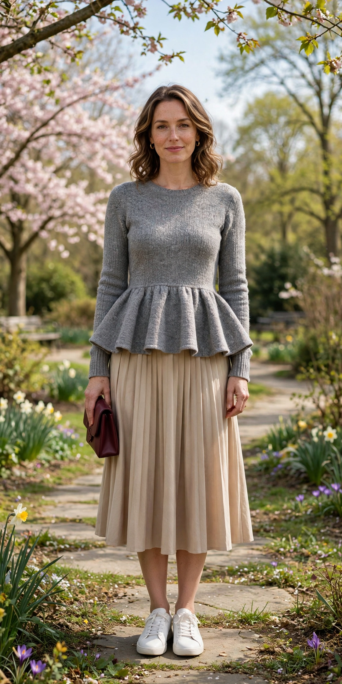 Grey Peplum Knit Top and Skirt with a burgundy clutch