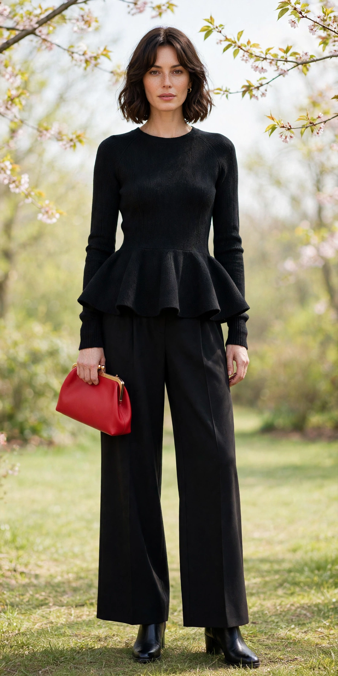 Black Peplum Knit Top and Wide-Leg Trousers with a red clutch
