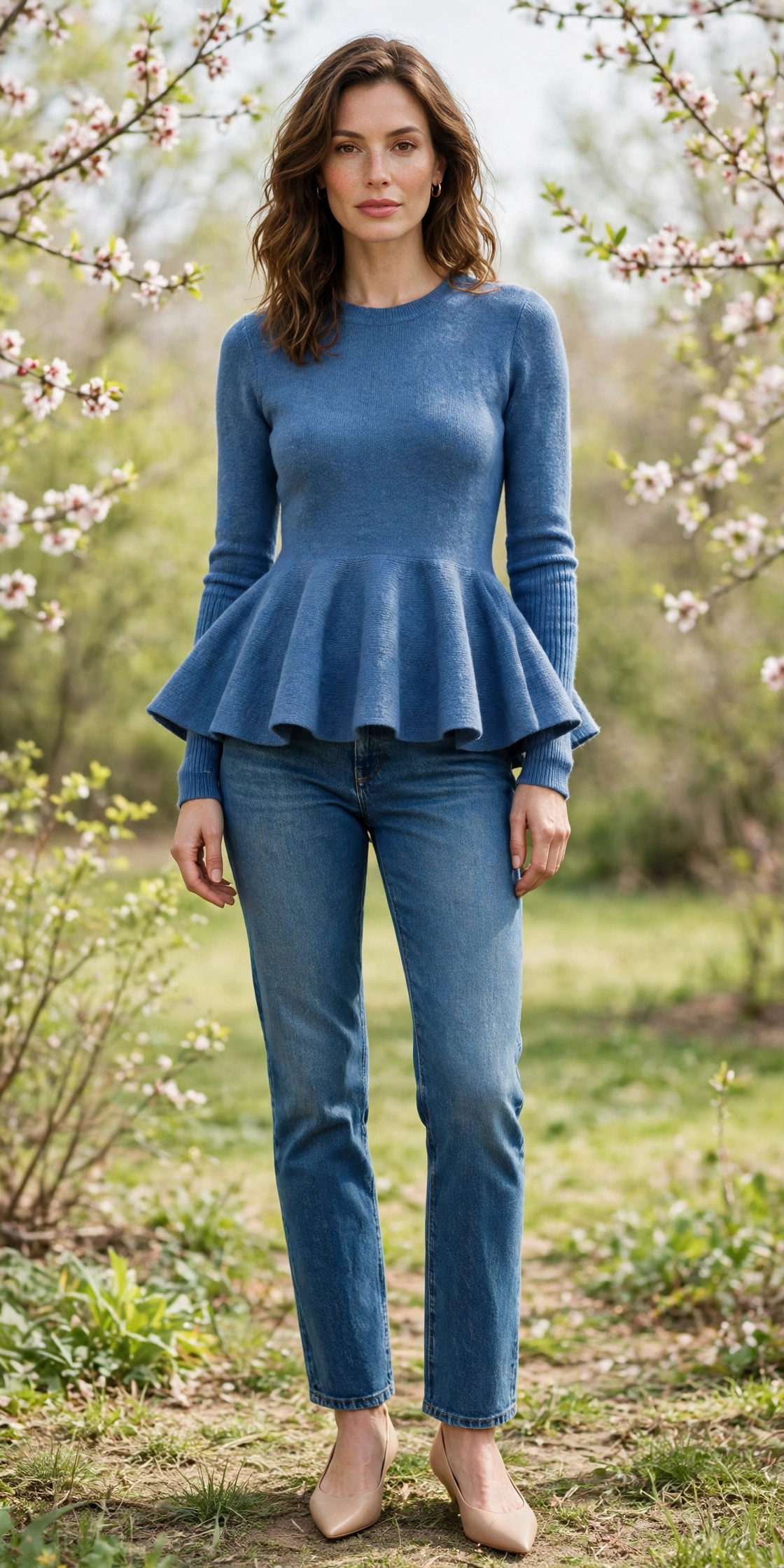 Blue Peplum Knit Top and Jeans with nude pointed flats