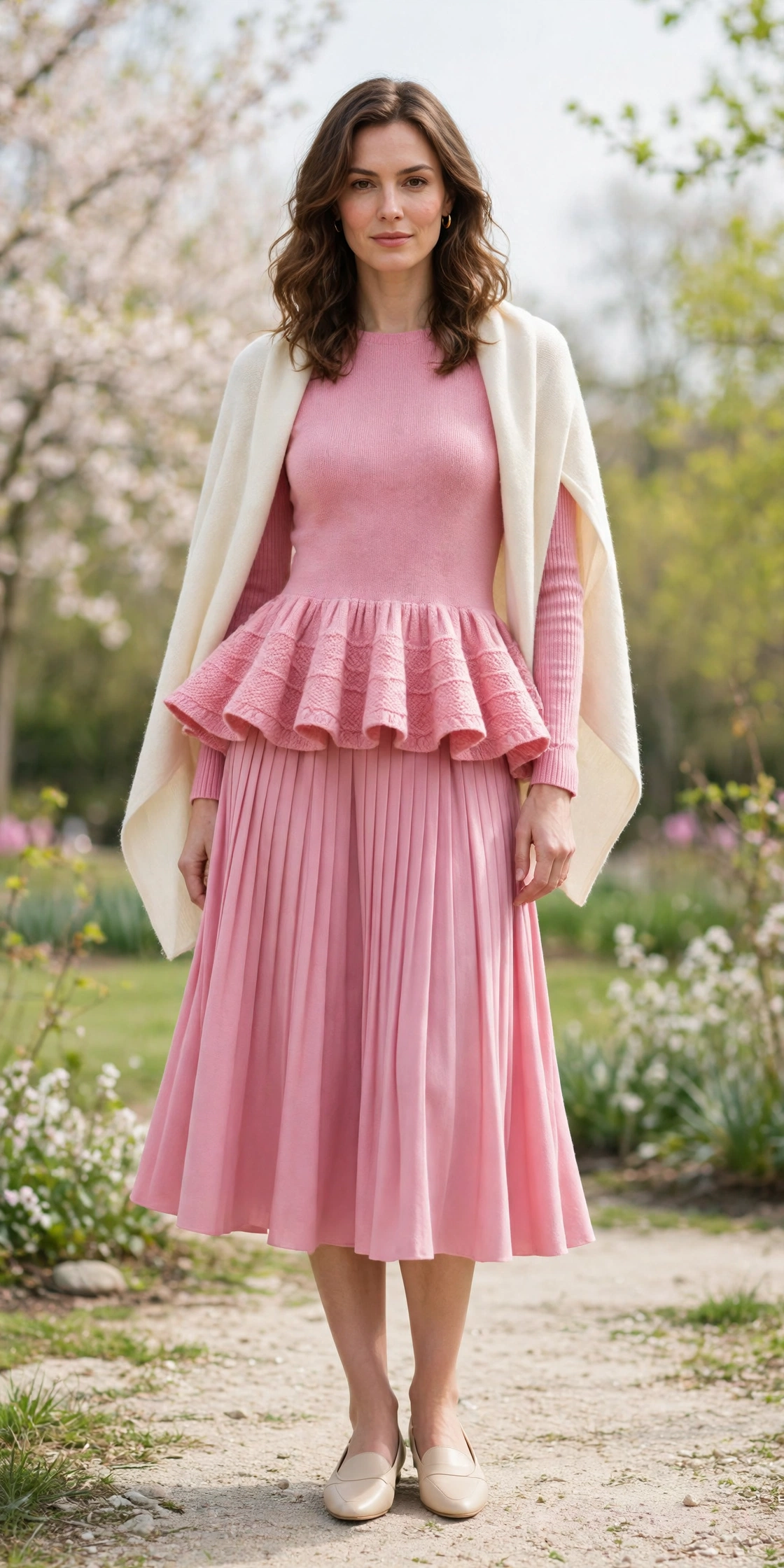 Pink Peplum Knit Top and Skirt with a cream wrap