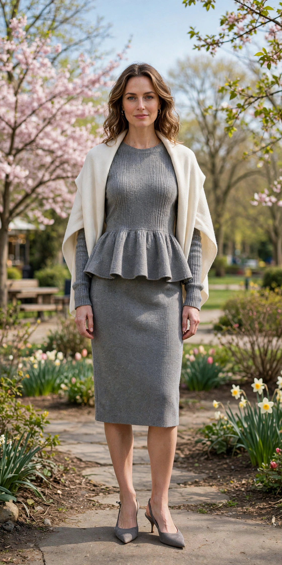 Grey Peplum Knit Top and Skirt with a cream wrap