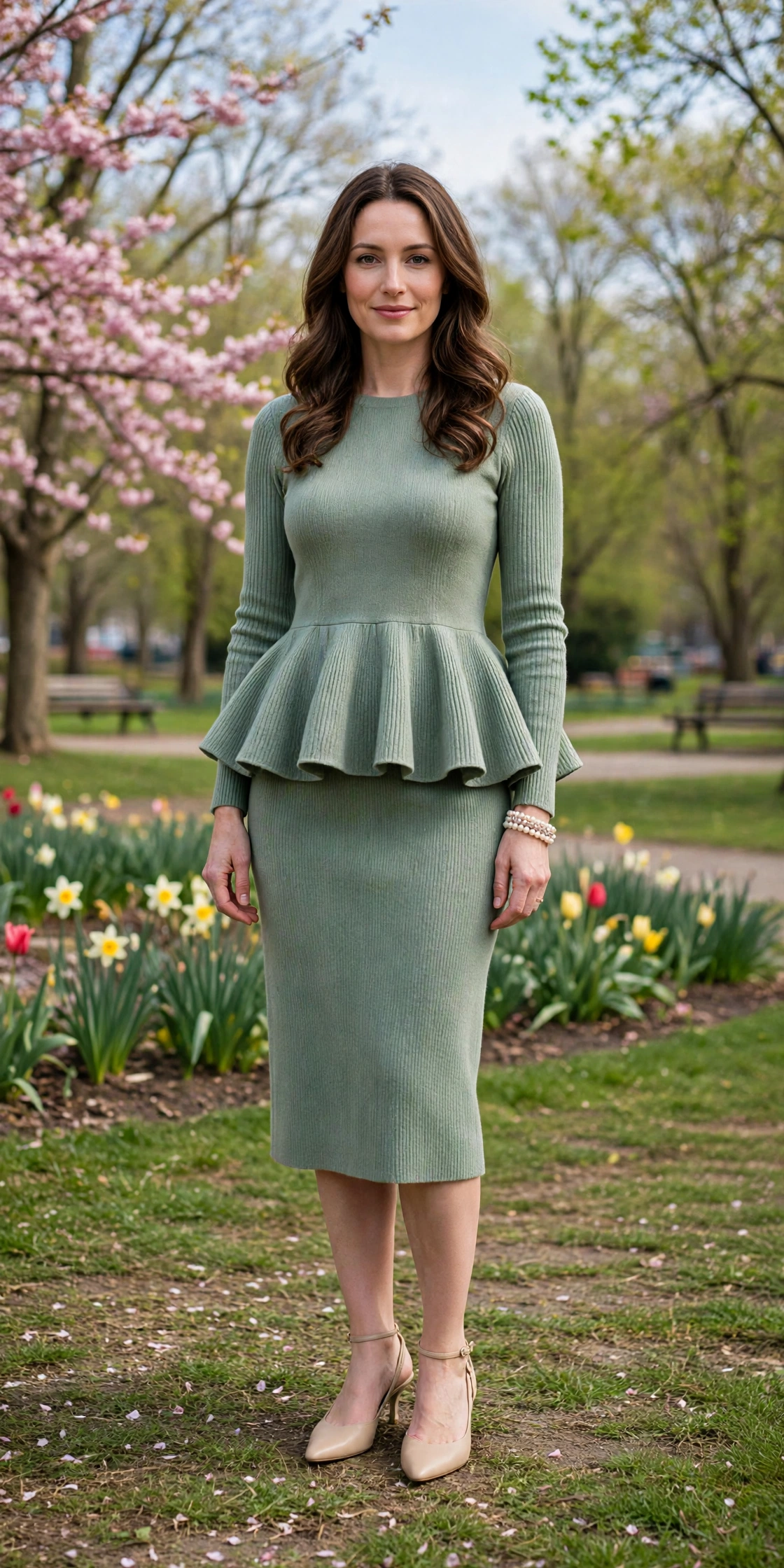 Sage Peplum Knit Top and Skirt with a pearl bracelet