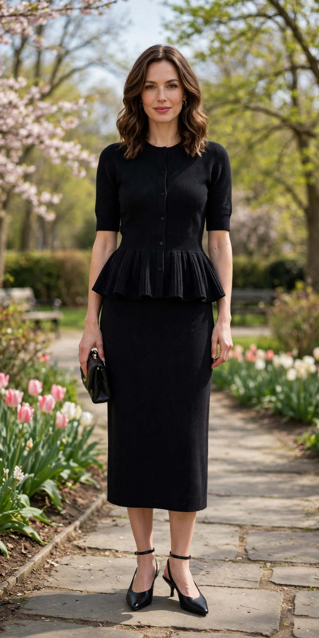 Black Peplum Knit Twinset with a small black clutch
