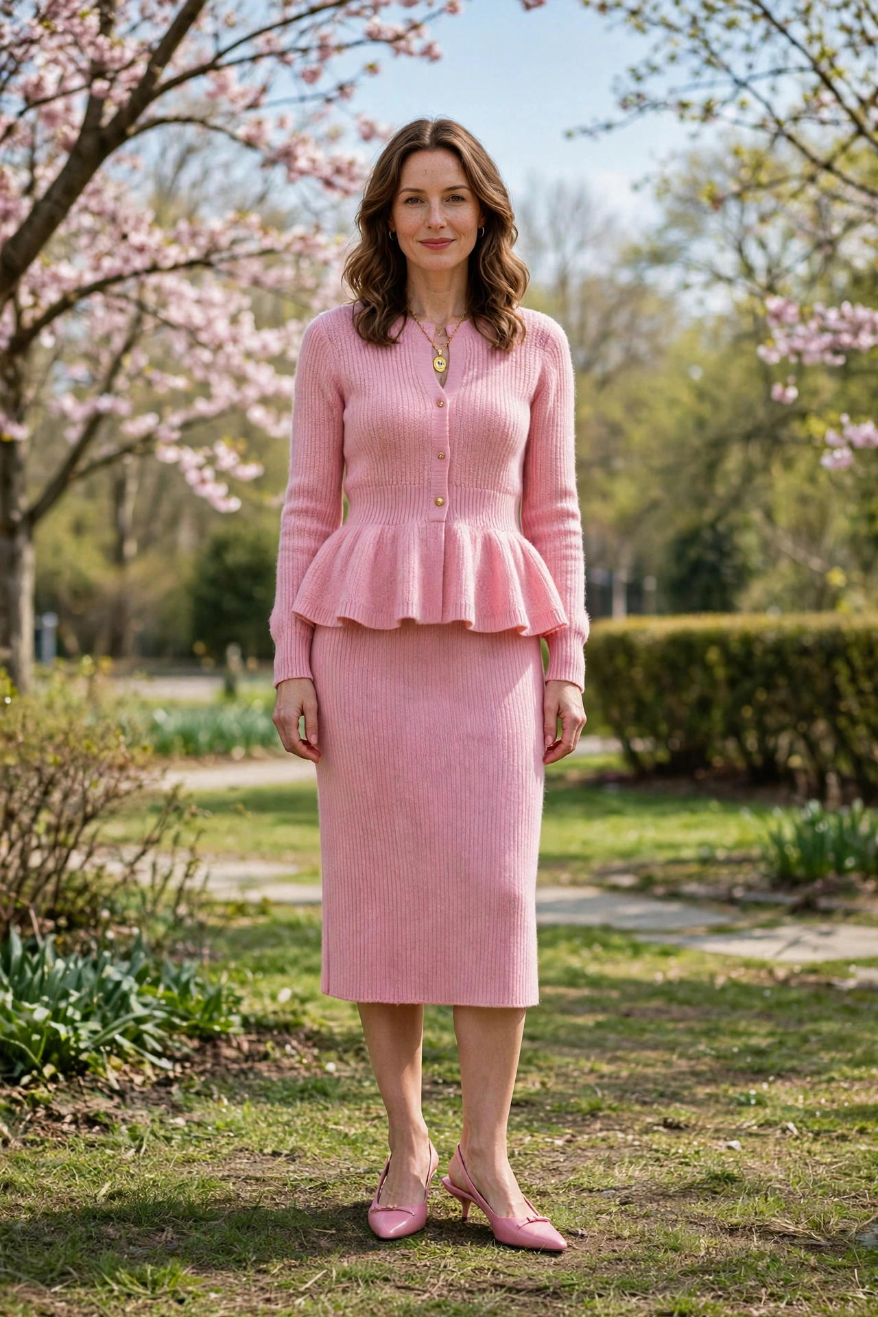 Pink Peplum Knit Twinset with a gold pendant necklace