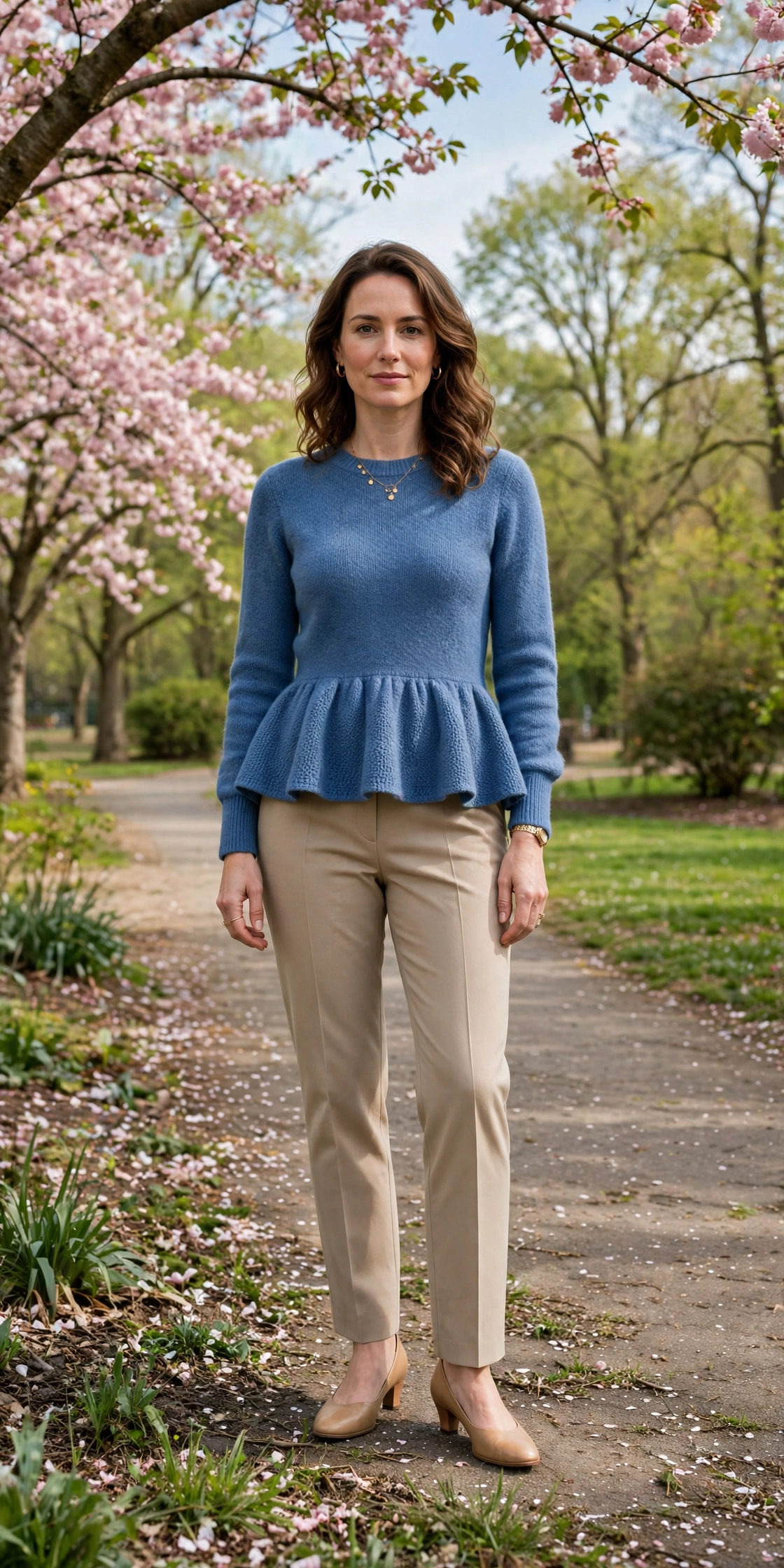 Blue Peplum Knit Sweater and Trousers with comfortable low heels