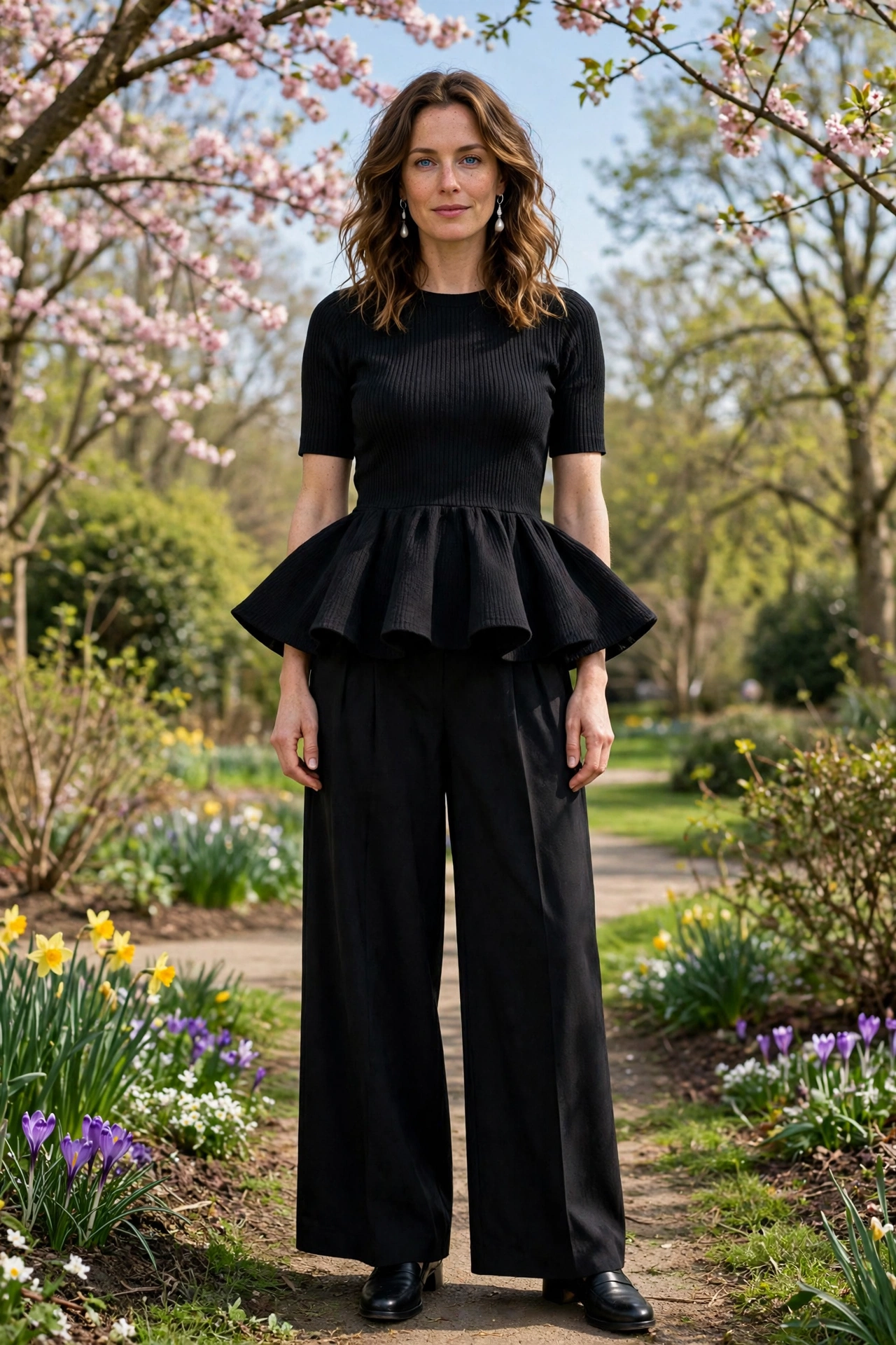 Black Peplum Knit Top and Wide-Leg Trousers with pearl drop earrings