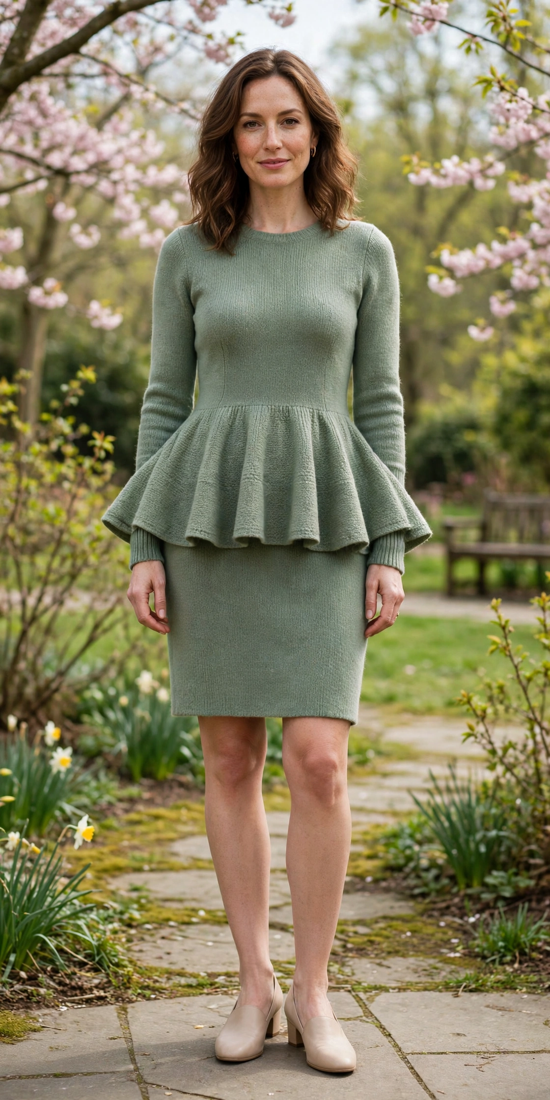 Sage Peplum Knit Dress with comfortable low heels