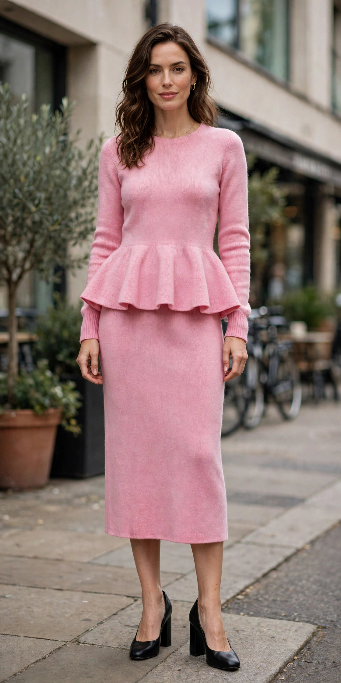 Pink Peplum Knit Top and Skirt with black block-heel pumps