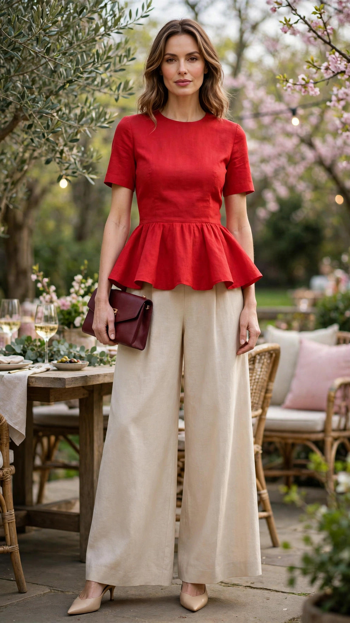 Red Peplum Top and Wide-Leg Trousers with a burgundy clutch