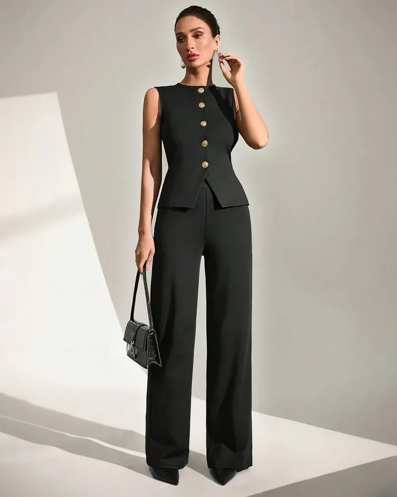 Black Peplum Top and Wide-Leg Trousers with a small black clutch
