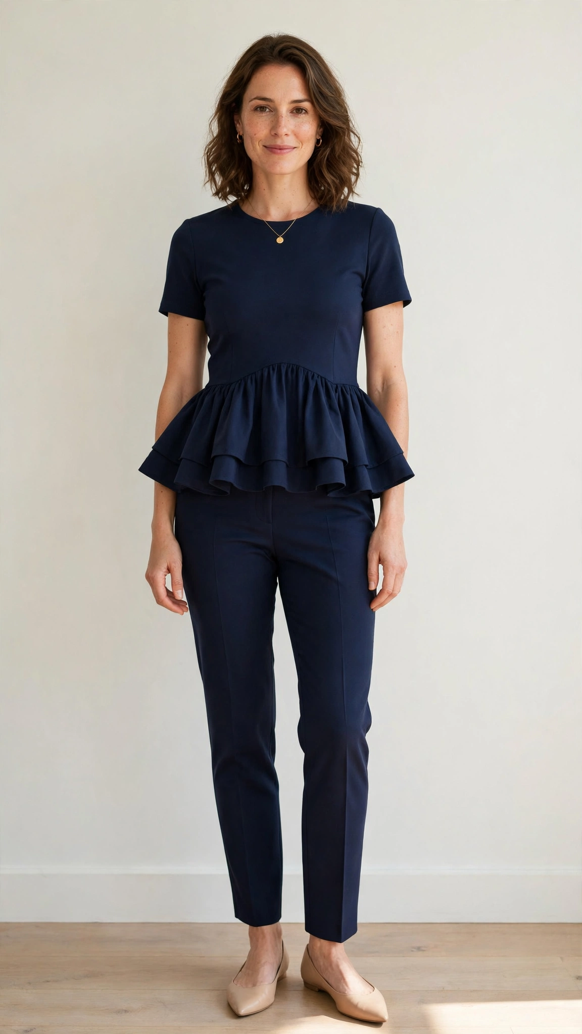 Navy Peplum Top and Trousers with nude pointed flats