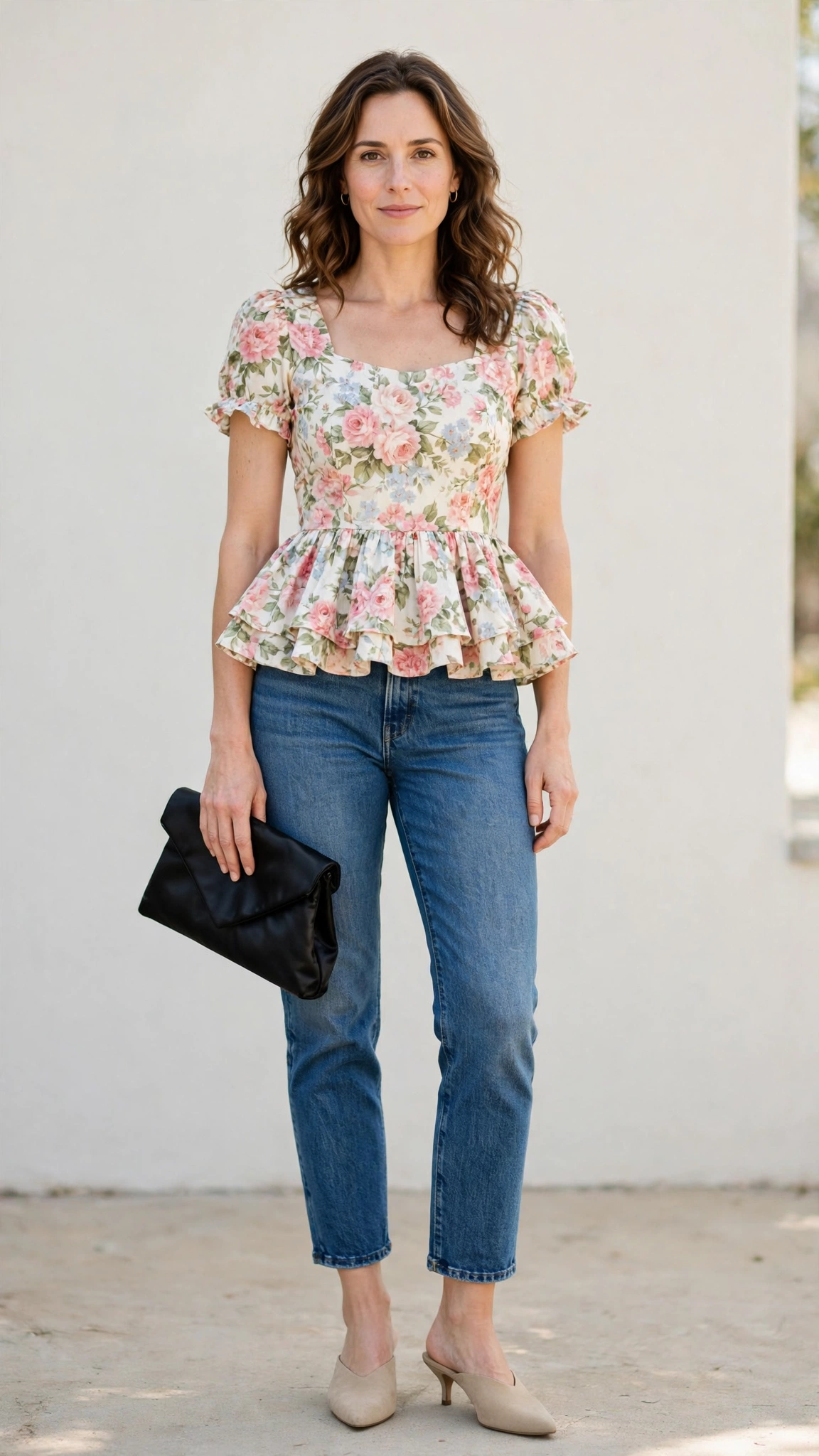 Floral Peplum Top and Jeans with a black satin clutch