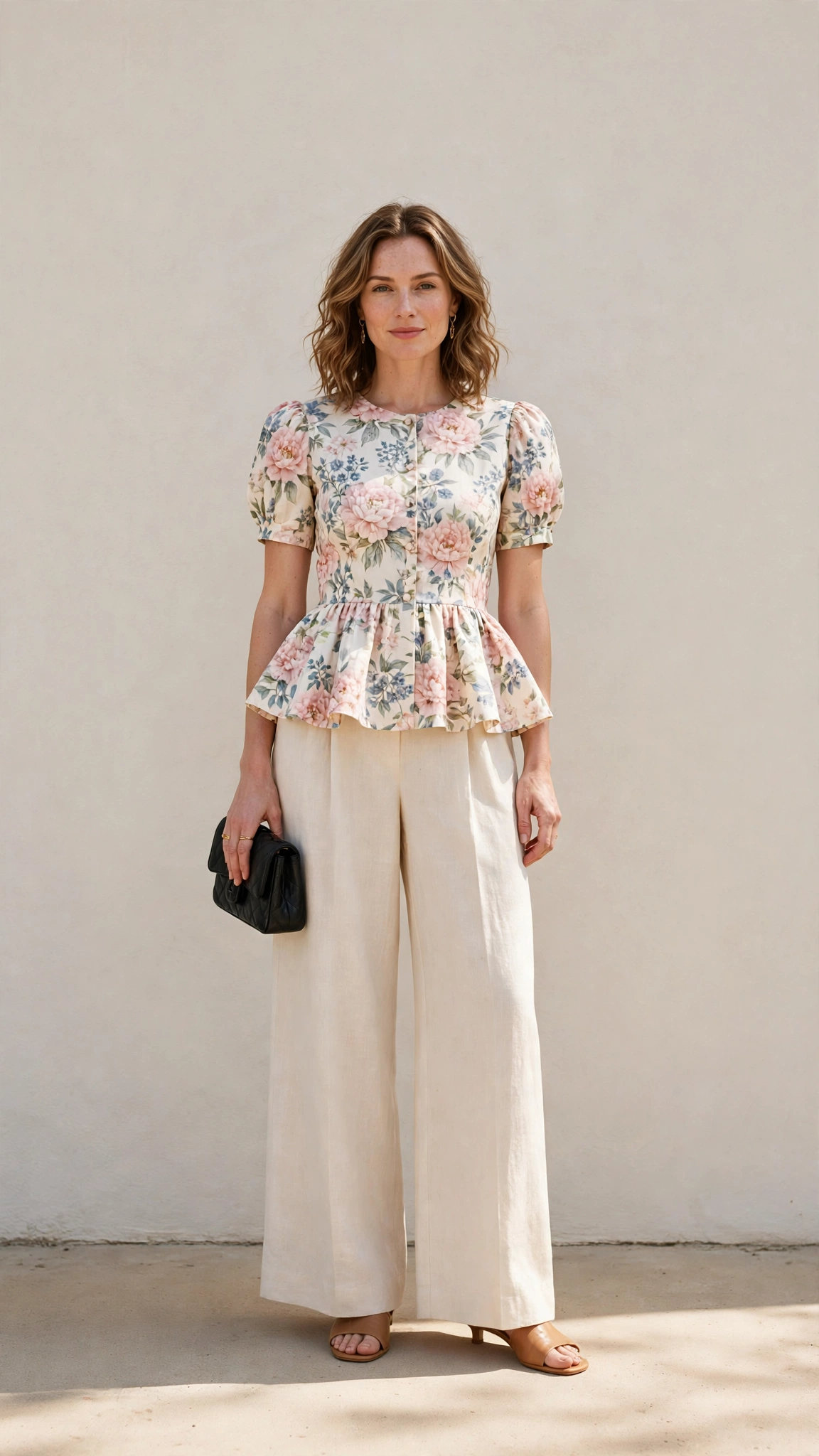 Floral Peplum Top and Wide-Leg Trousers with a small black clutch